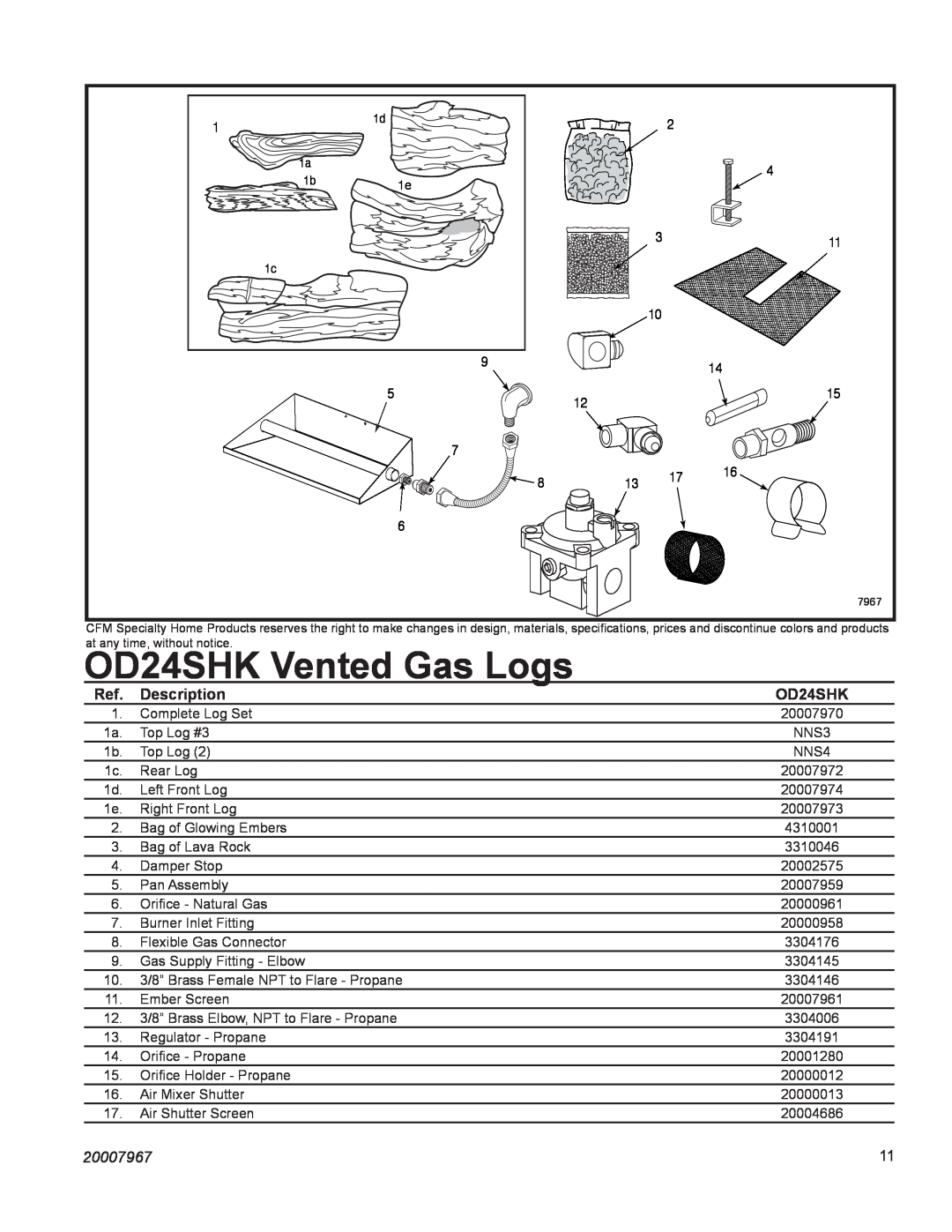 Vermont Casting P, OD24SHKN manual OD24SHK Vented Gas Logs, Description, 20007967 