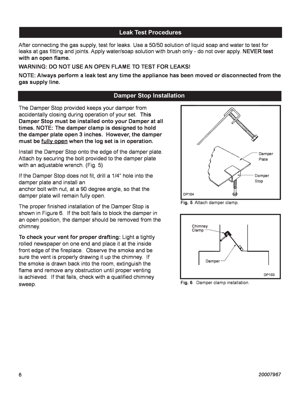 Vermont Casting OD24SHKN manual Leak Test Procedures, Damper Stop Installation 