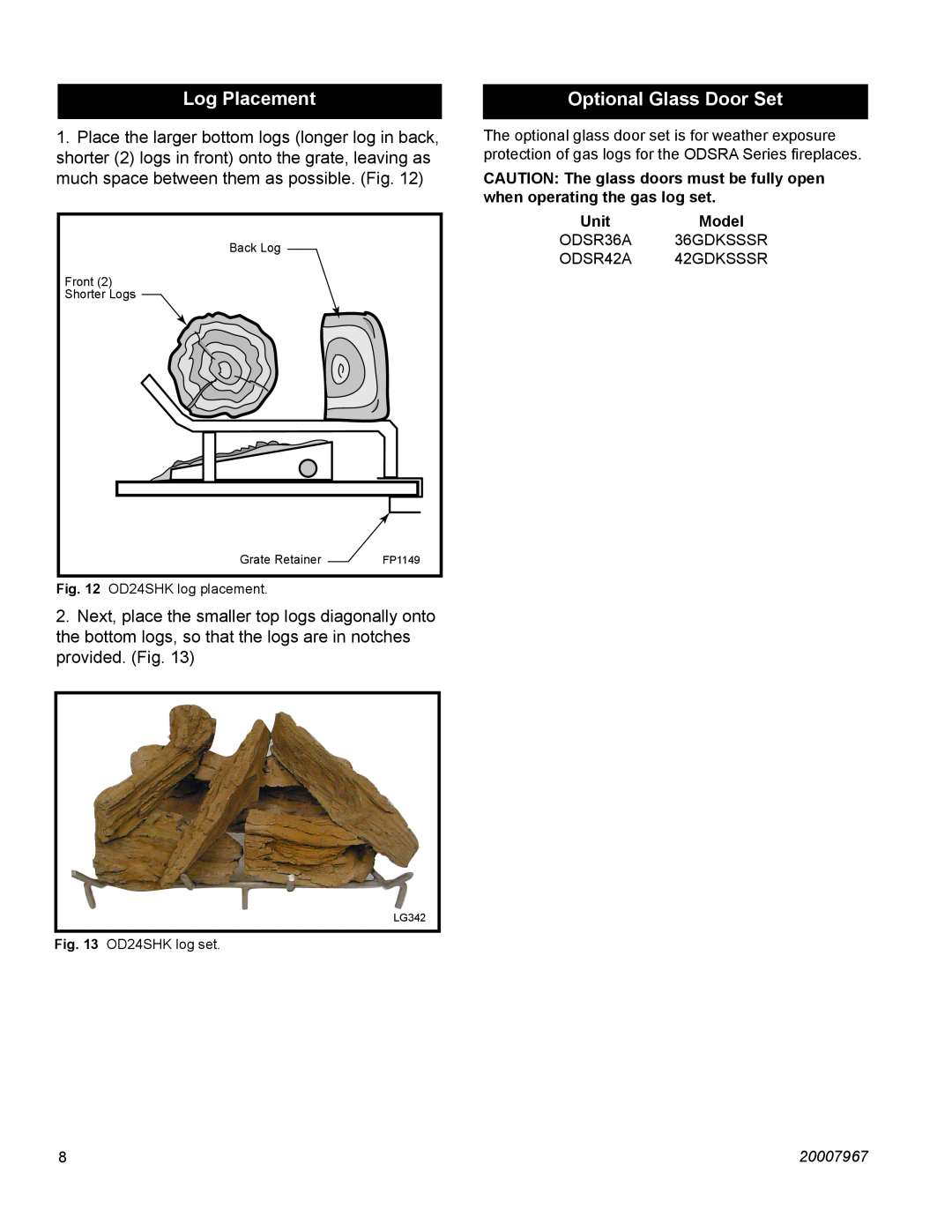 Vermont Casting OD24SHKN manual Log Placement, Optional Glass Door Set, UnitModel 