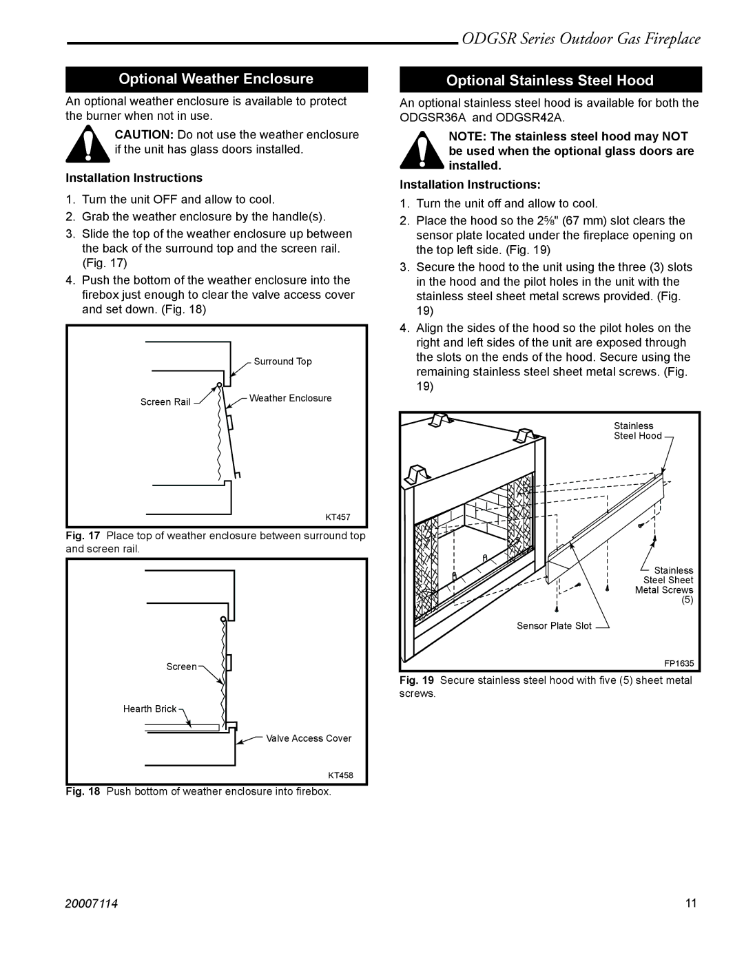 Vermont Casting ODGSR42A, ODGSR36A Optional Weather Enclosure, Optional Stainless Steel Hood, Installation Instructions 