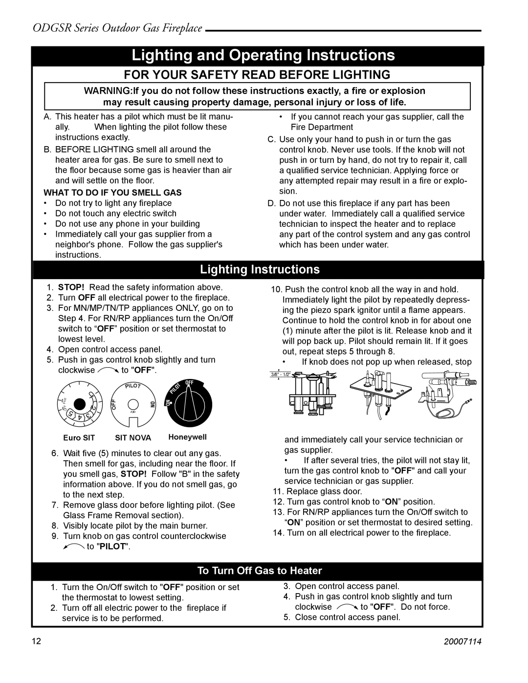 Vermont Casting ODGSR36A, ODGSR42A manual Lighting and Operating Instructions, To Turn Off Gas to Heater 