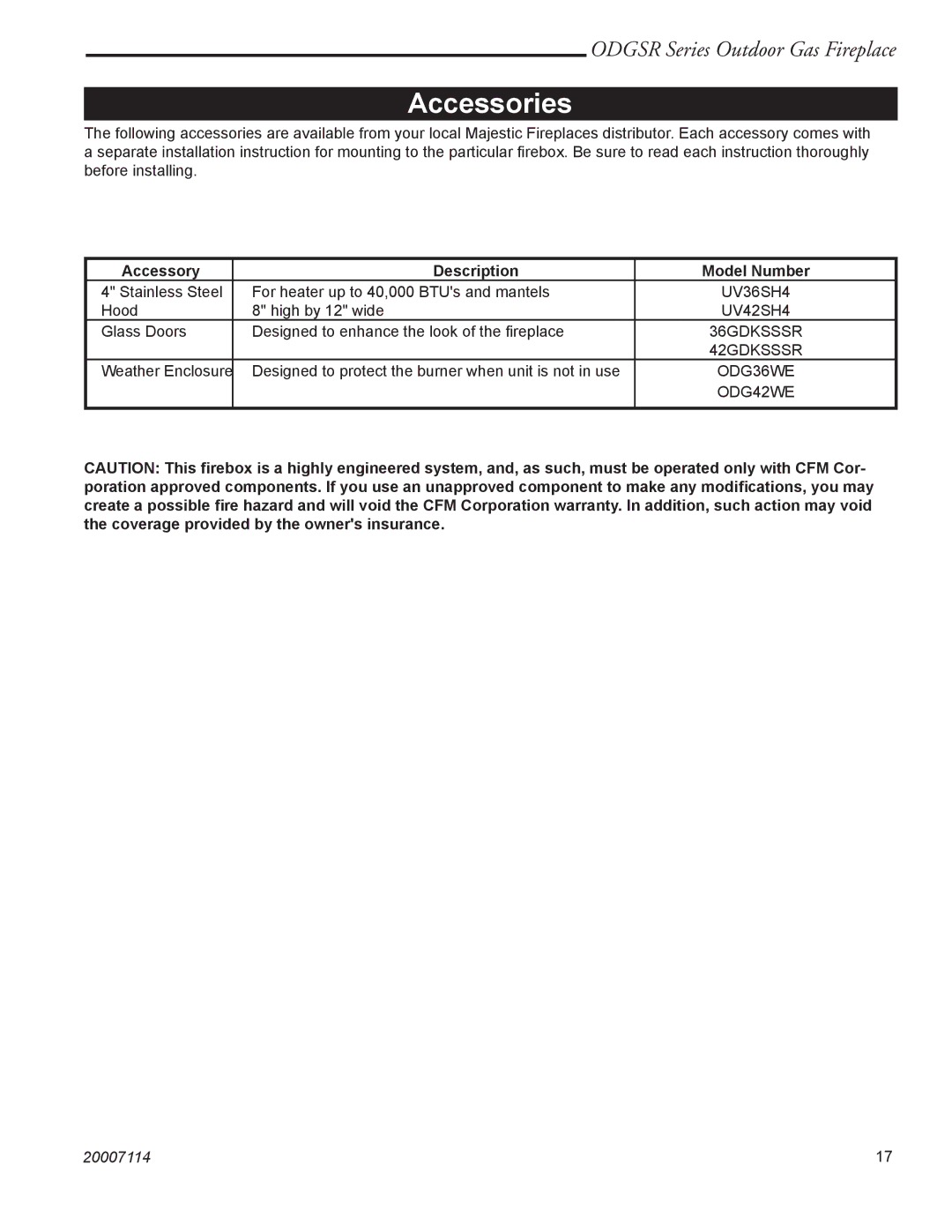 Vermont Casting ODGSR42A, ODGSR36A manual Accessories, Accessory Description Model Number 