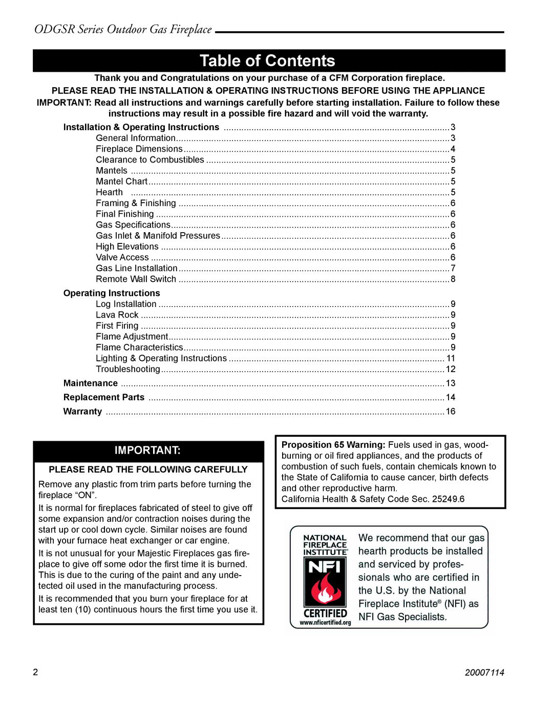 Vermont Casting ODGSR36A, ODGSR42A manual Table of Contents 