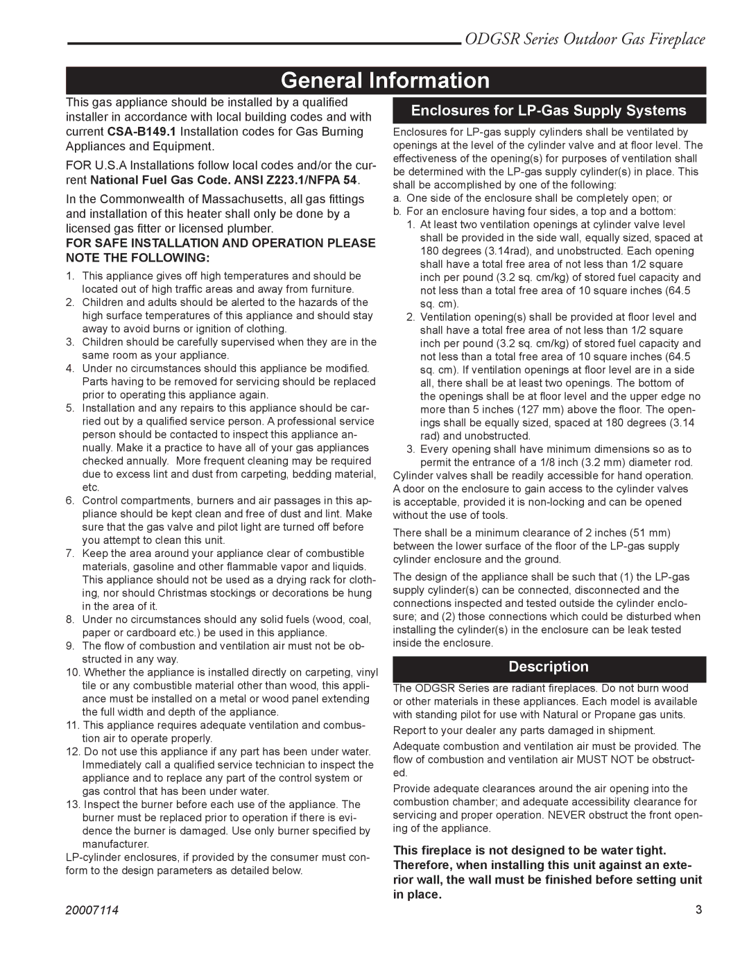 Vermont Casting ODGSR42A, ODGSR36A manual General Information, Enclosures for LP-Gas Supply Systems, Description 