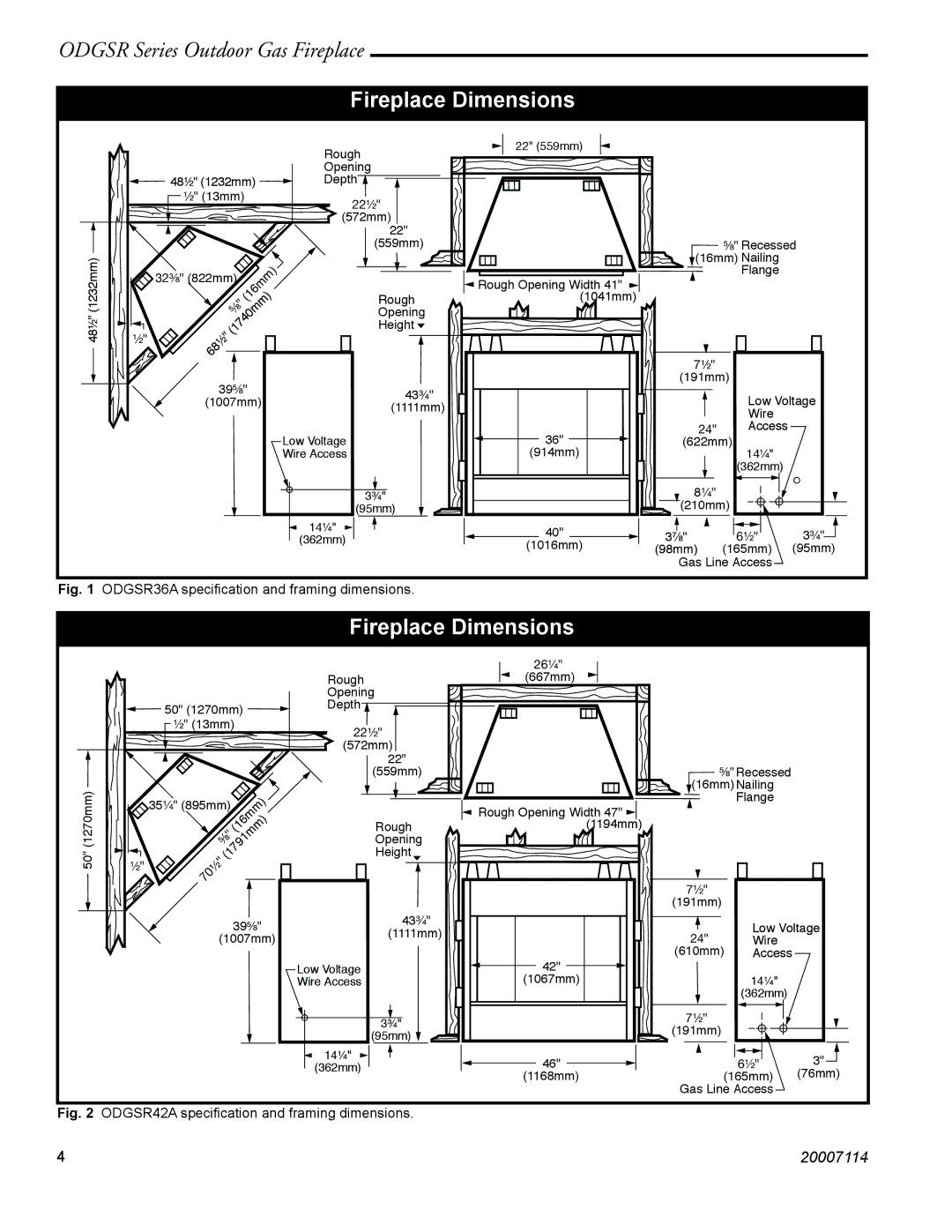 Vermont Casting ODGSR36A, ODGSR42A manual Fireplace Dimensions 