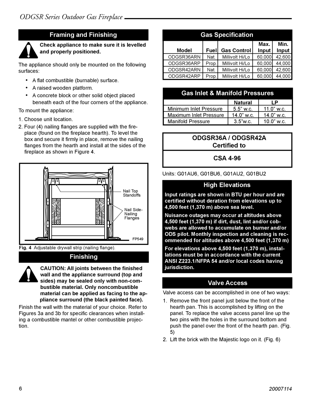 Vermont Casting ODGSR36A manual Framing and Finishing, Gas Speciﬁcation, Gas Inlet & Manifold Pressures, High Elevations 