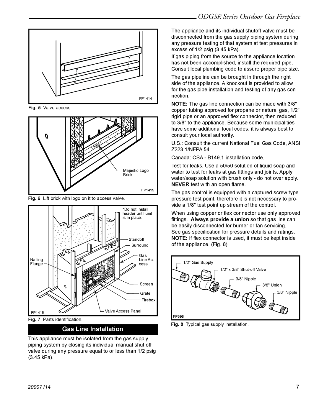 Vermont Casting ODGSR42A, ODGSR36A manual Gas Line Installation, Parts identiﬁcation 