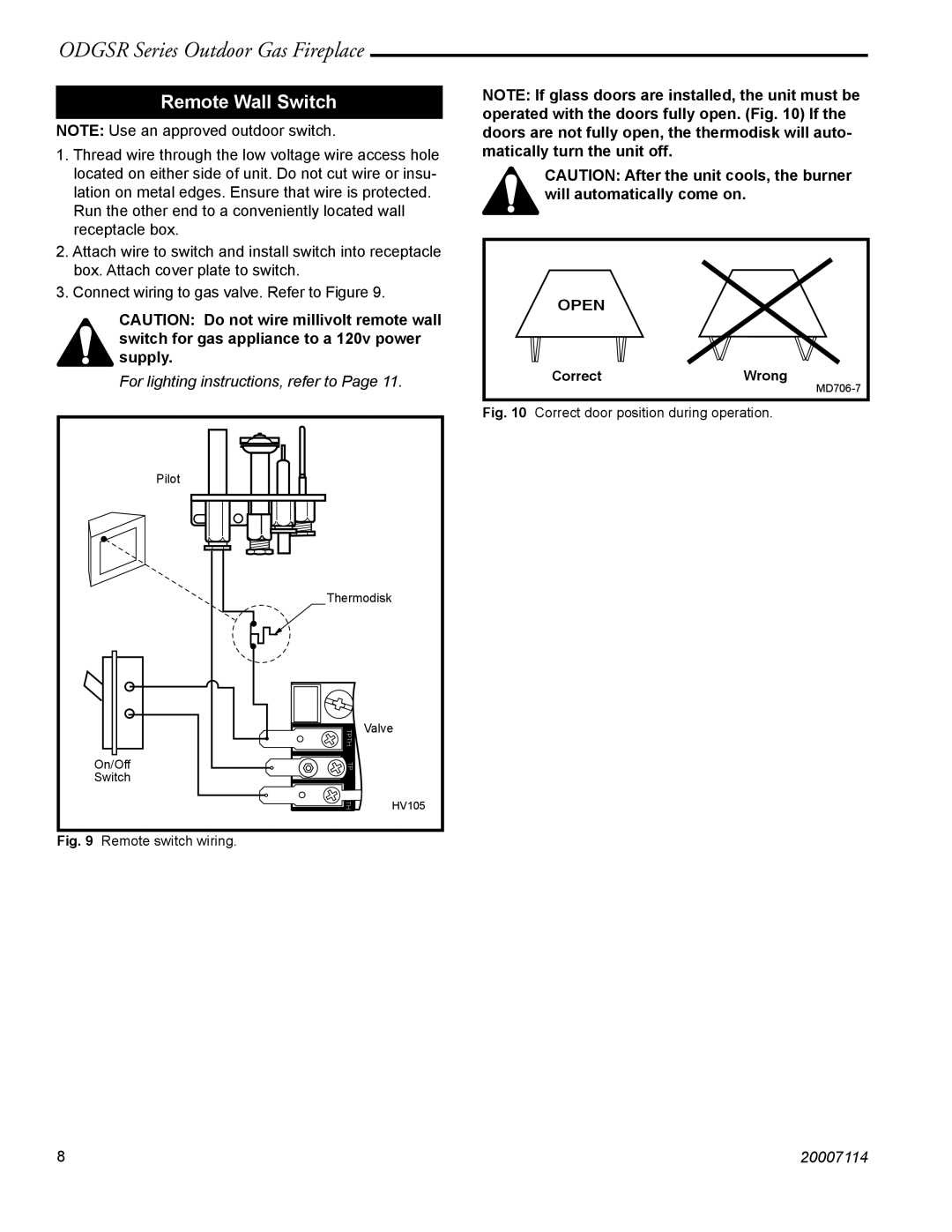 Vermont Casting ODGSR36A, ODGSR42A manual Remote Wall Switch, Correct door position during operation 