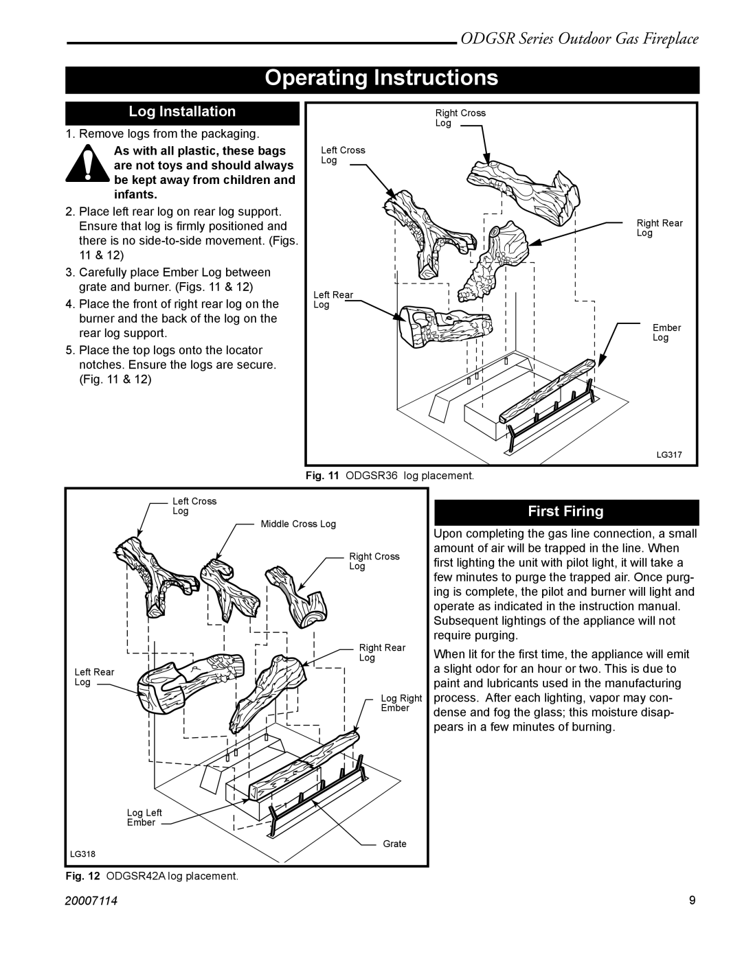 Vermont Casting ODGSR42A, ODGSR36A manual Operating Instructions, Log Installation, First Firing 