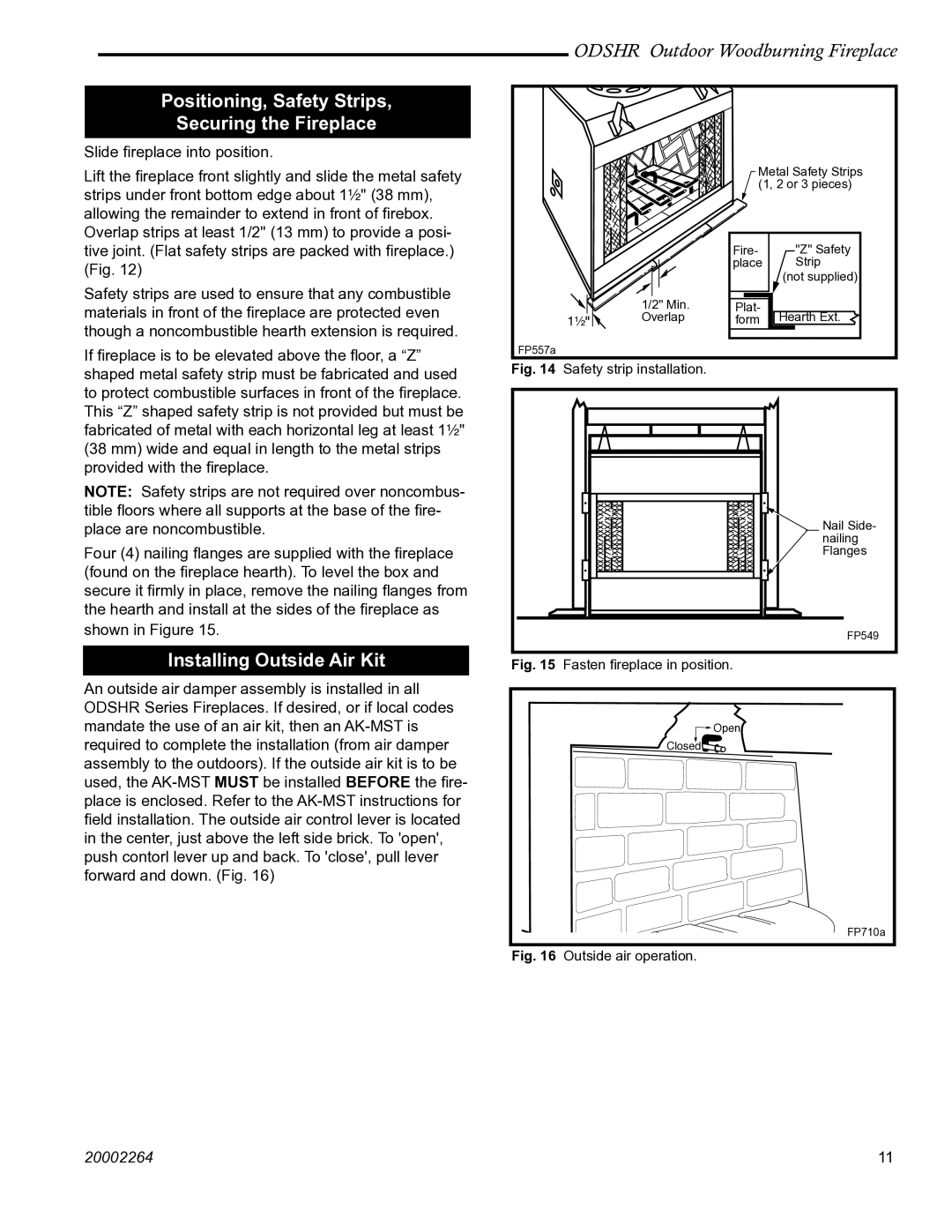 Vermont Casting ODSHR42 manual Positioning, Safety Strips Securing the Fireplace, Installing Outside Air Kit 