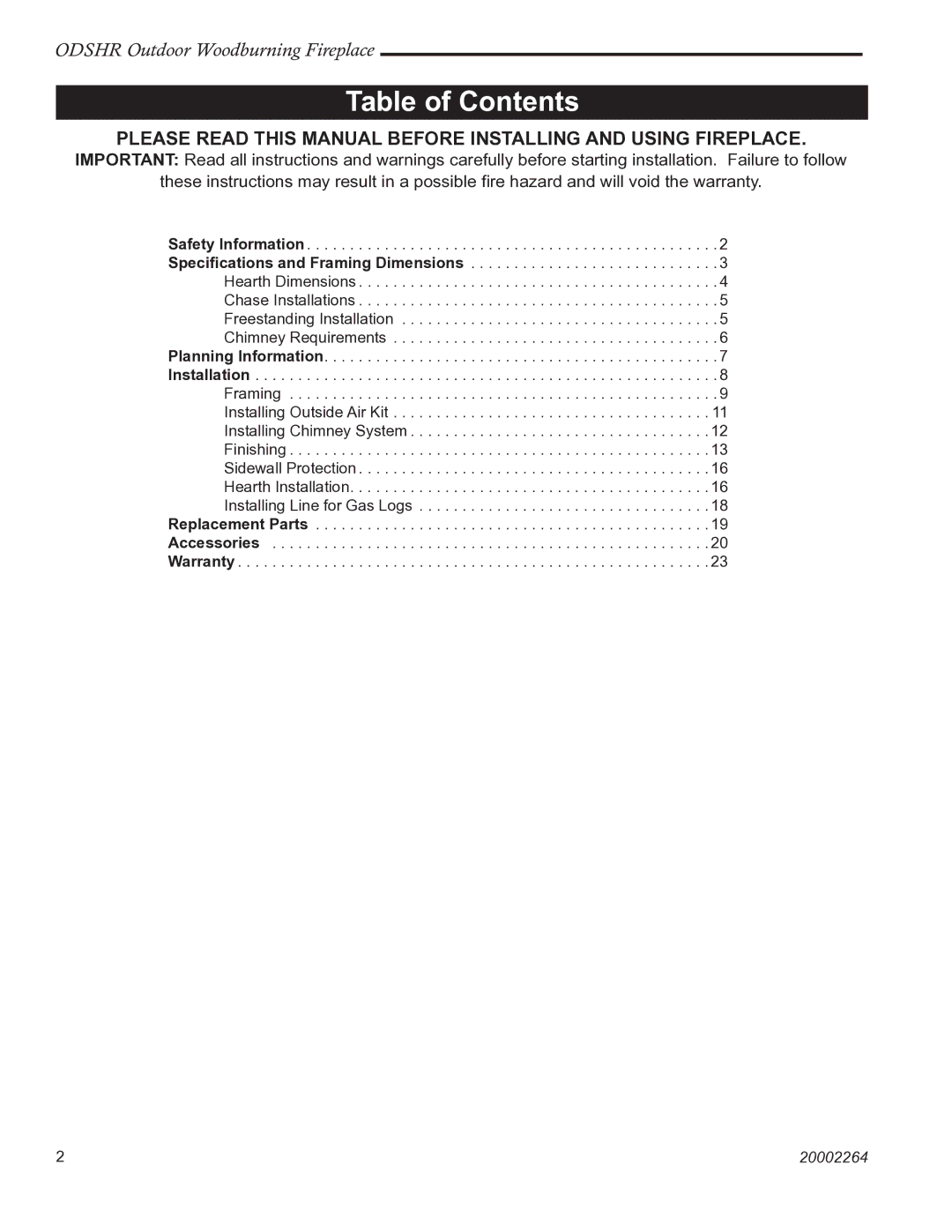 Vermont Casting ODSHR42 manual Table of Contents 