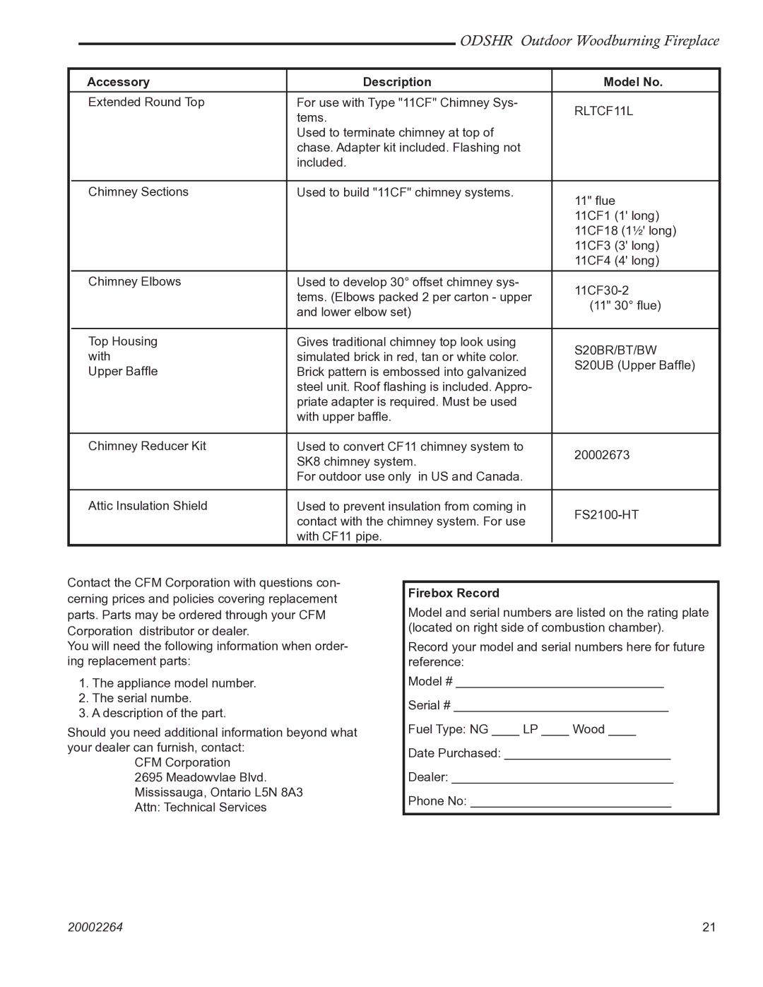 Vermont Casting ODSHR42 manual RLTCF11L, Firebox Record 