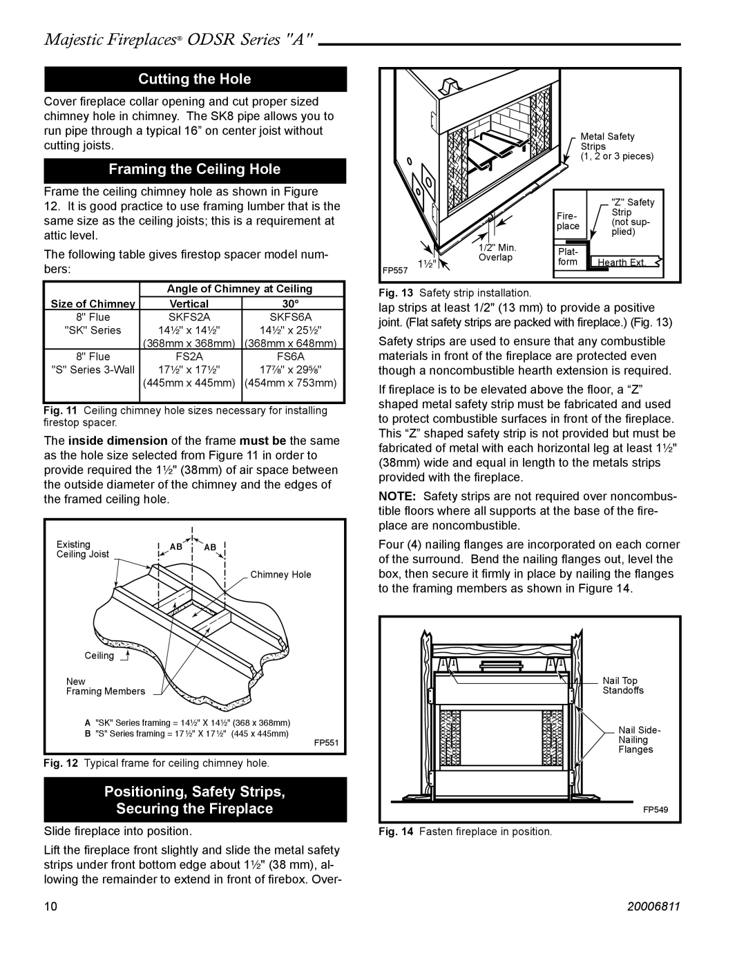 Vermont Casting ODSR42A Cutting the Hole, Framing the Ceiling Hole, Positioning, Safety Strips Securing the Fireplace 