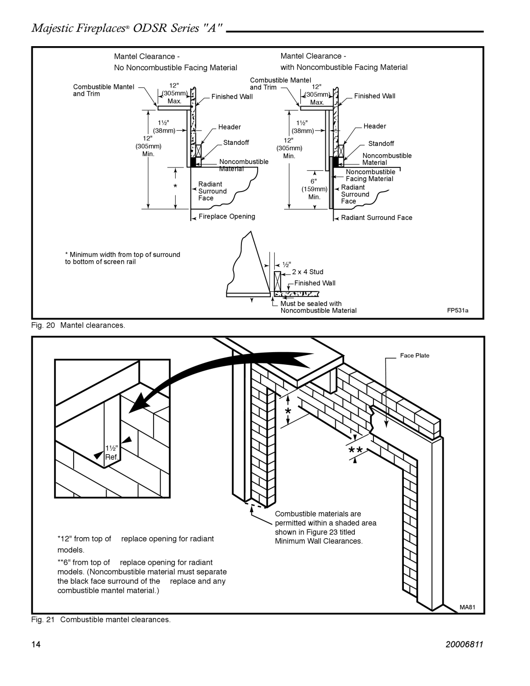 Vermont Casting ODSR42A, ODSR36A manual Mantel clearances 