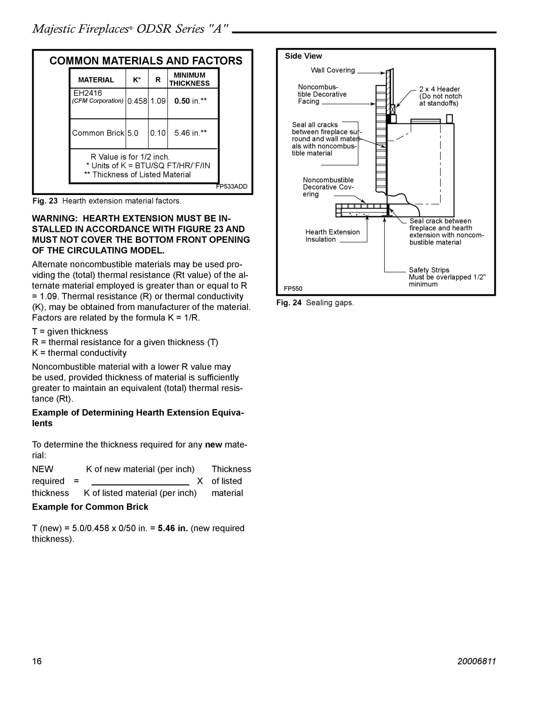 Vermont Casting ODSR42A manual Example of Determining Hearth Extension Equiva- lents, Example for Common Brick, Side View 