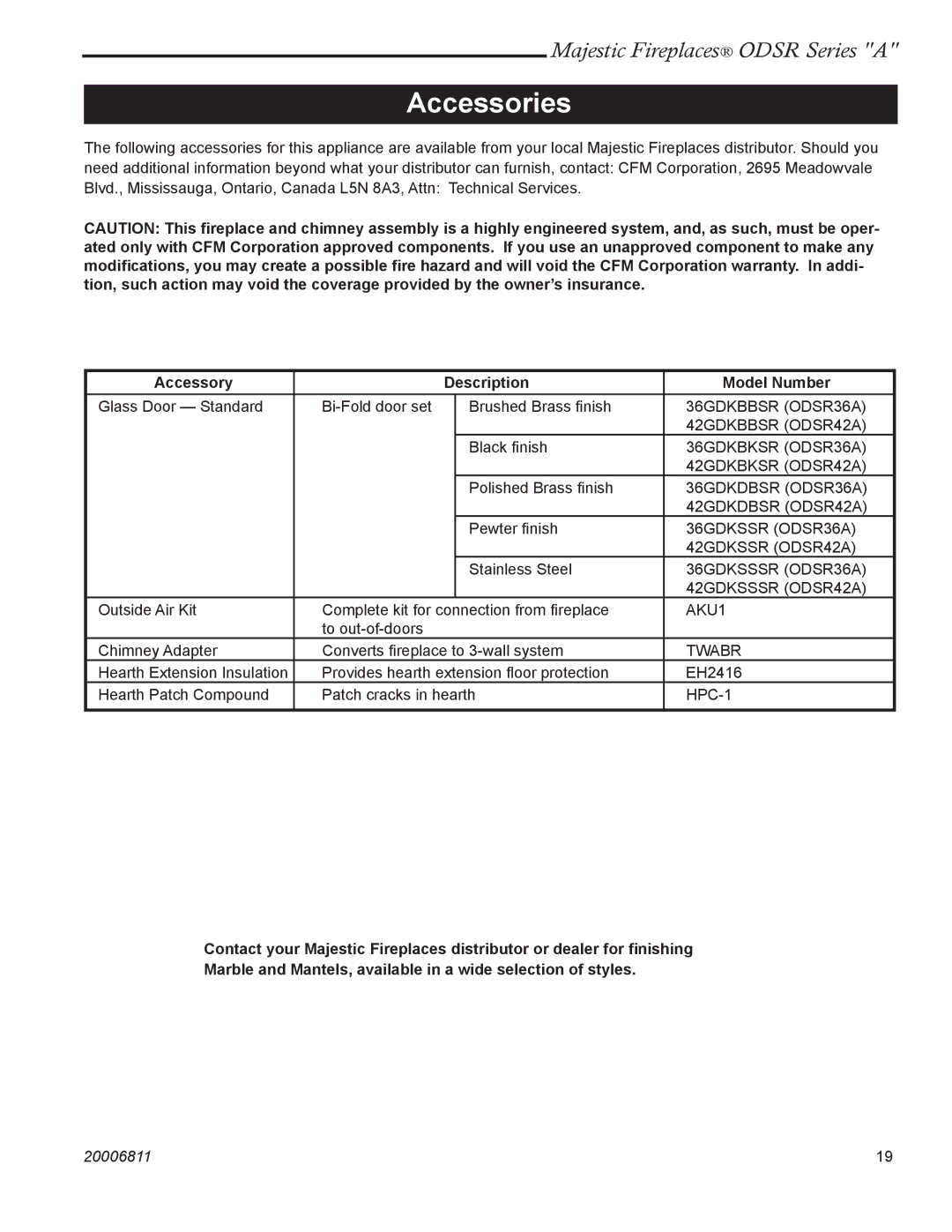 Vermont Casting ODSR36A, ODSR42A manual Accessories, Accessory Description Model Number 