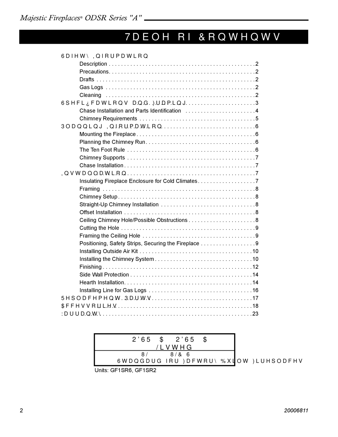 Vermont Casting ODSR42A, ODSR36A manual Table of Contents 