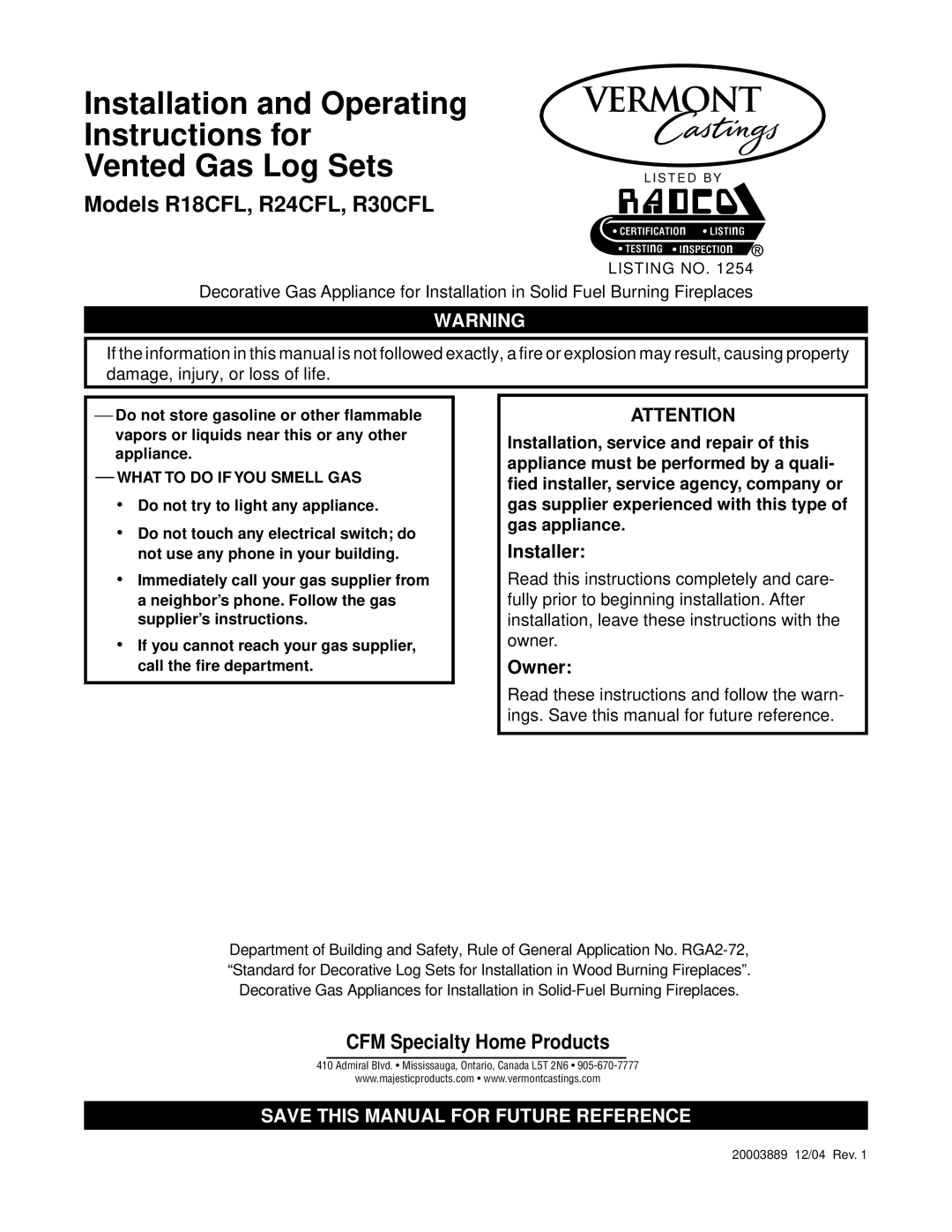 Vermont Casting R24CFL, R30CFL, R18CFL manual Vented Gas Log Sets 