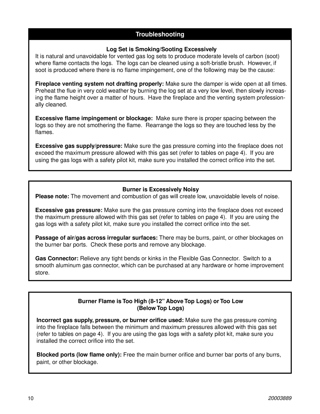 Vermont Casting R24CFL, R30CFL, R18CFL manual Troubleshooting, Log Set is Smoking/Sooting Excessively 