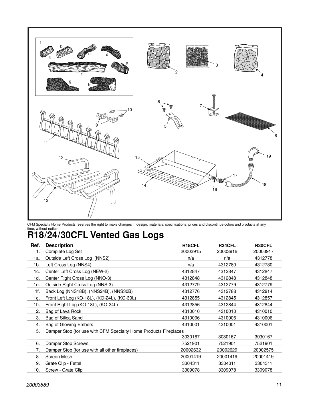 Vermont Casting R18CFL, R30CFL, R24CFL manual R18/24/30CFL Vented Gas Logs 