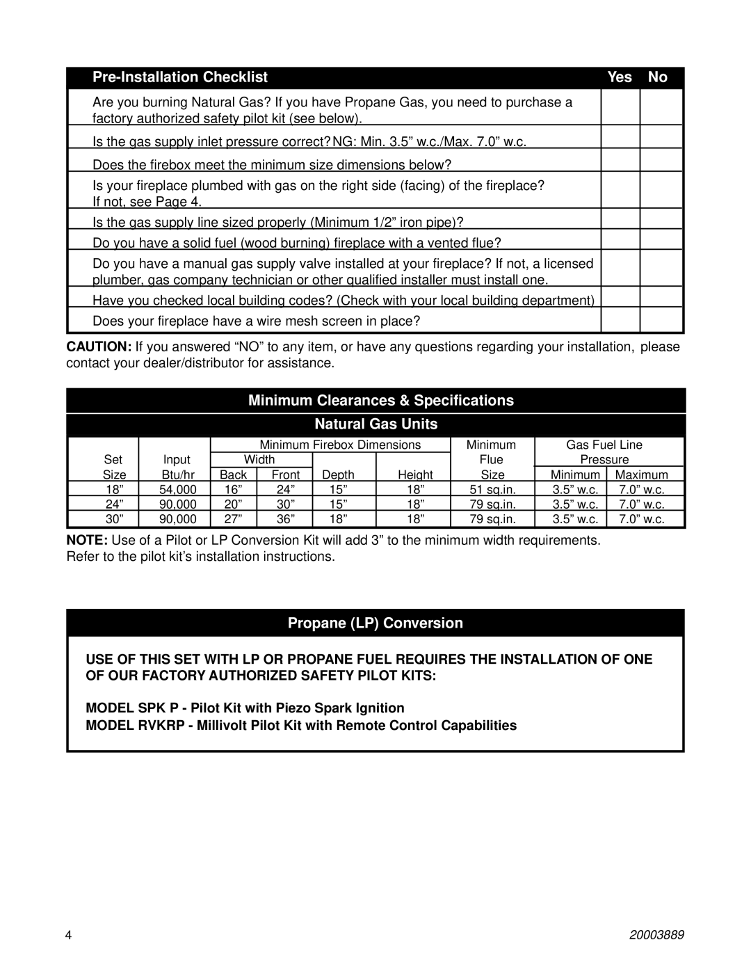 Vermont Casting R24CFL, R30CFL Pre-Installation Checklist Yes No, Minimum Clearances & Specifications Natural Gas Units 