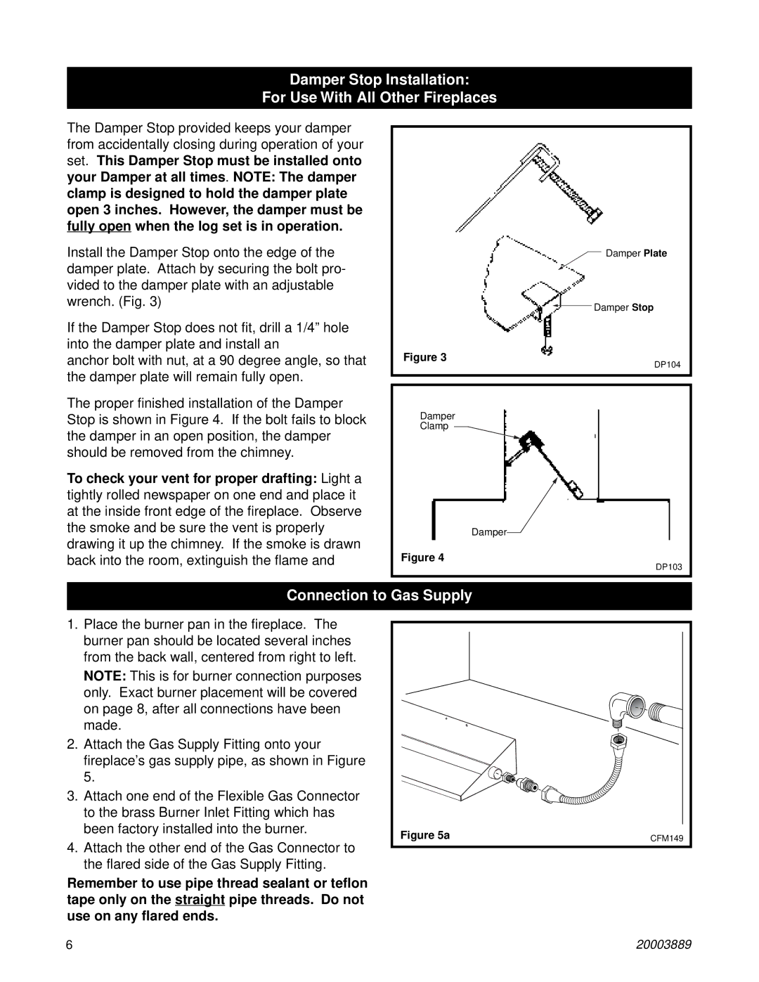 Vermont Casting R30CFL, R24CFL, R18CFL Damper Stop Installation For Use With All Other Fireplaces, Connection to Gas Supply 