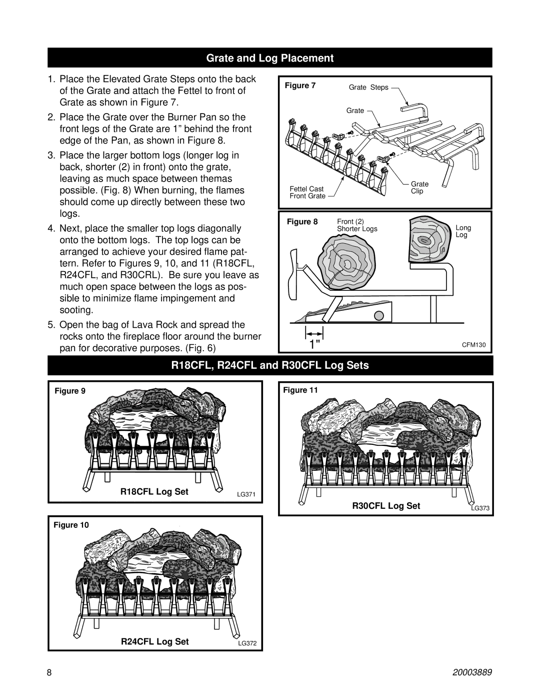 Vermont Casting manual Grate and Log Placement, R18CFL, R24CFL and R30CFL Log Sets 