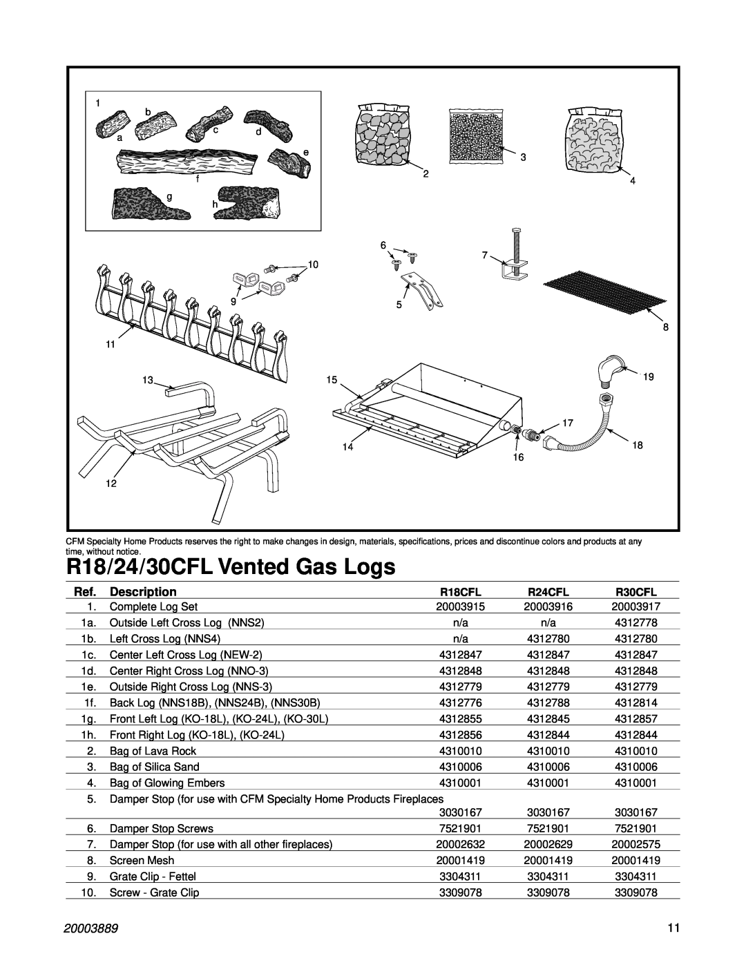Vermont Casting R18CFL manual R18/24/30CFL Vented Gas Logs, Description, 20003889, R24CFL, R30CFL 