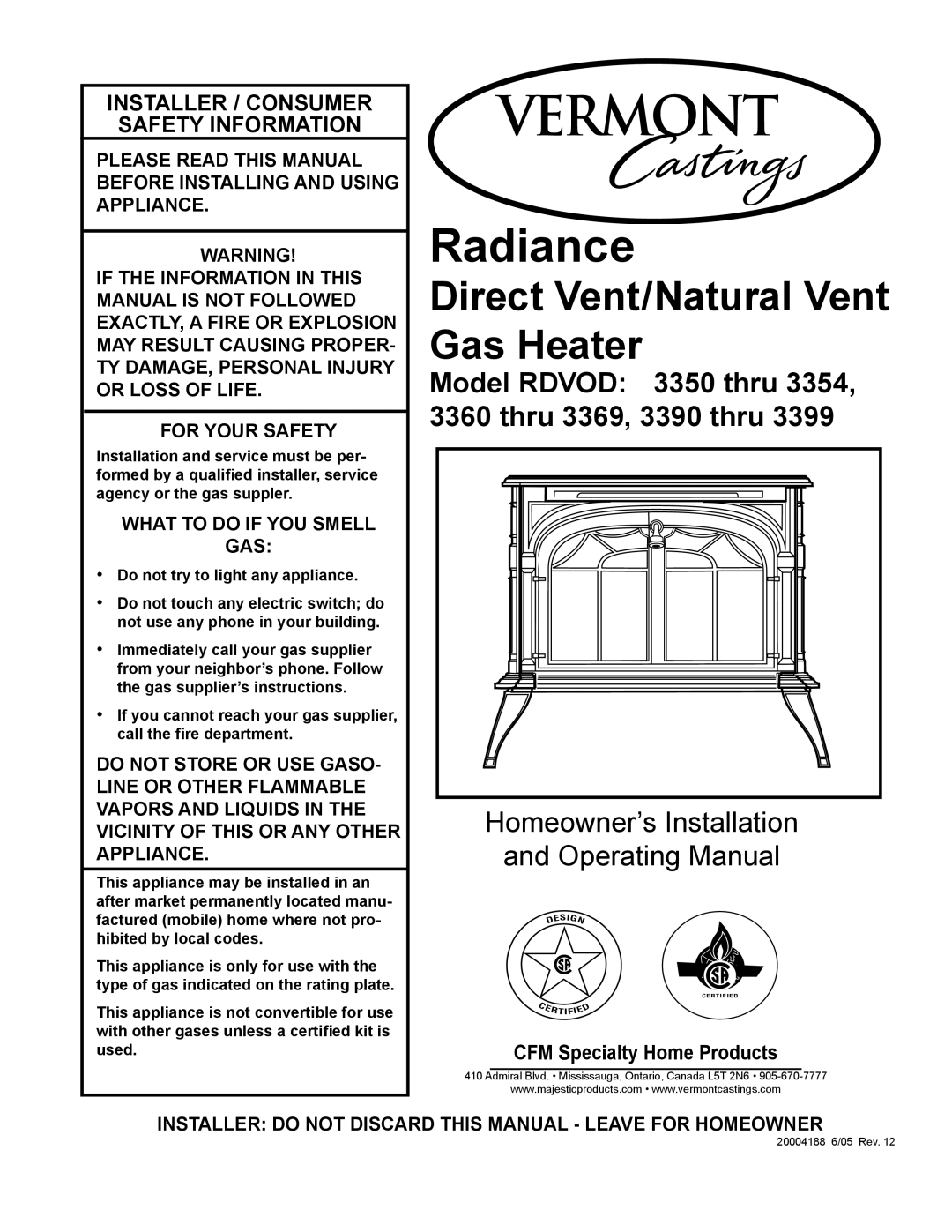 Vermont Casting RDVOD 3354, RDVOD 3399, RDVOD 3360, RDVOD 3369, RDVOD 3350, RDVOD 3390 manual Radiance 