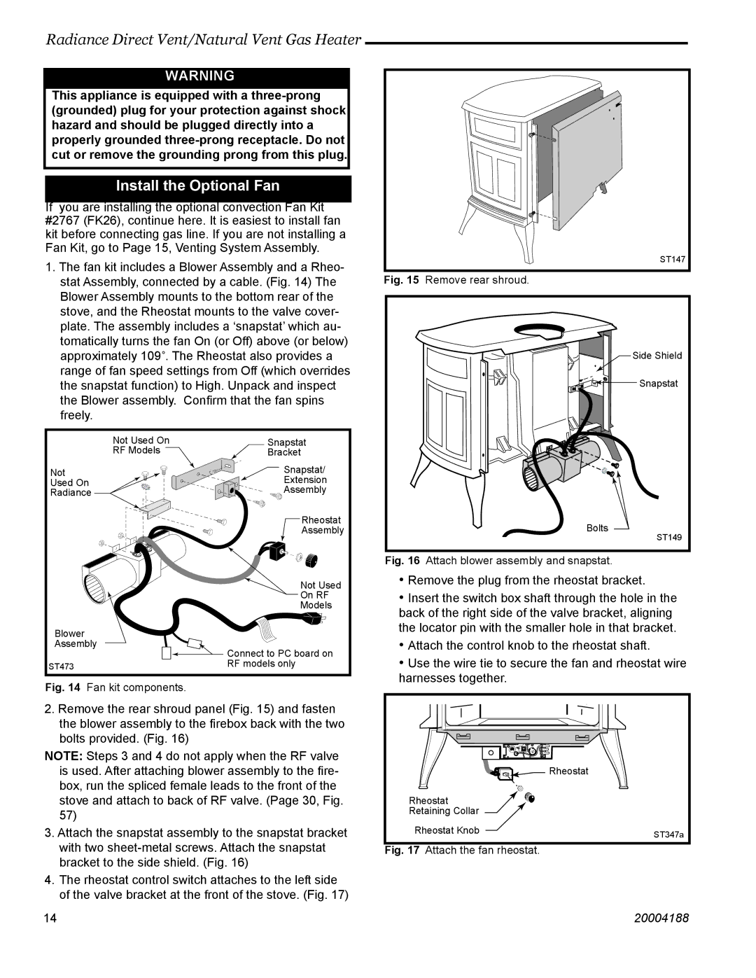 Vermont Casting RDVOD 3360, RDVOD 3399, RDVOD 3354, RDVOD 3369, RDVOD 3350 manual Install the Optional Fan, Fan kit components 