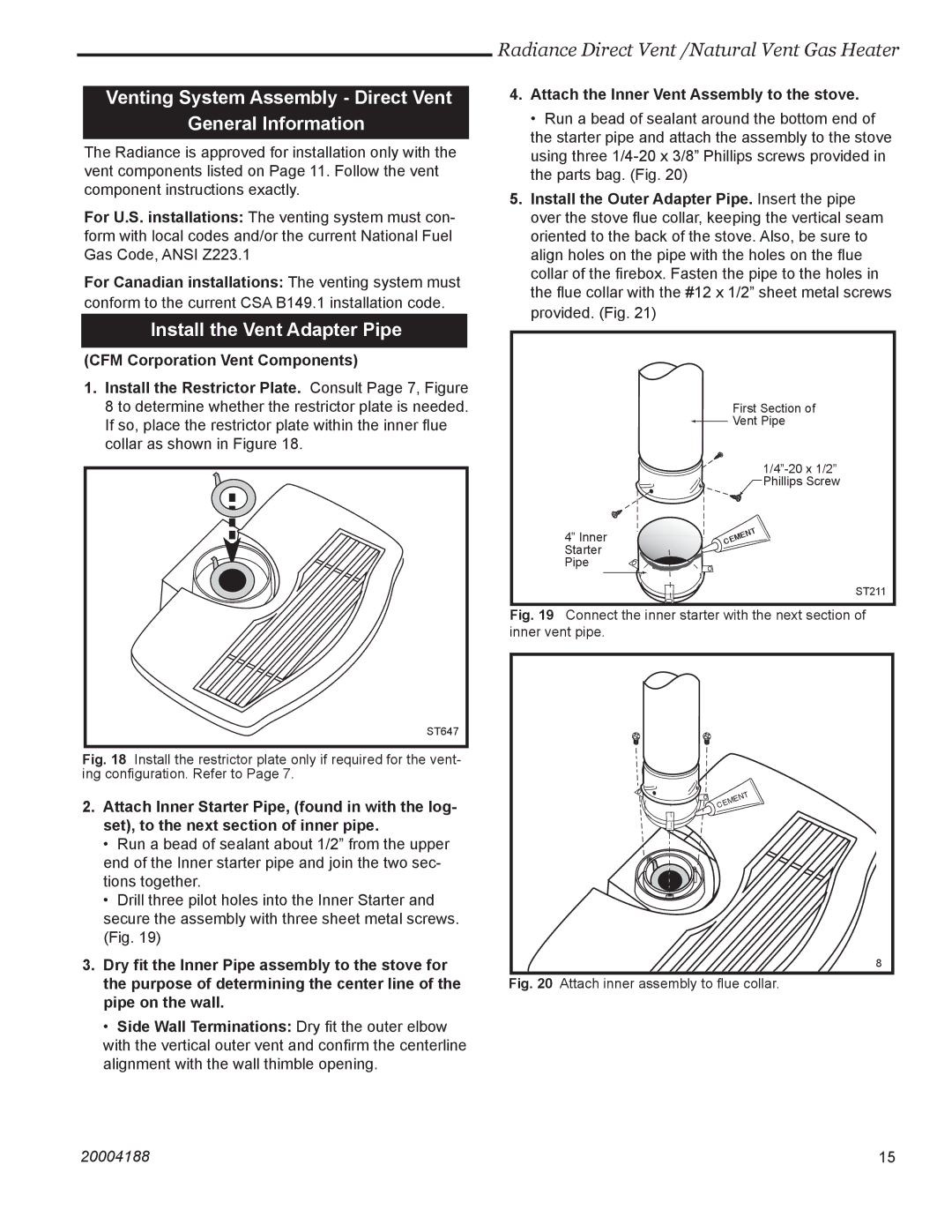 Vermont Casting RDVOD 3369 manual Venting System Assembly Direct Vent General Information, Install the Vent Adapter Pipe 