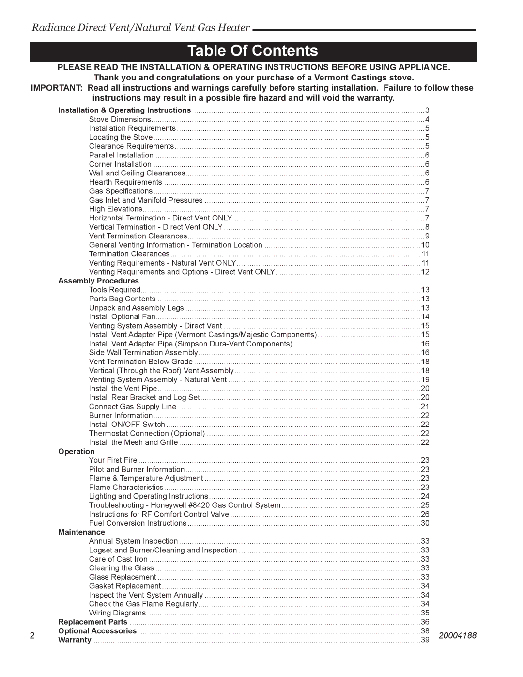 Vermont Casting RDVOD 3360, RDVOD 3399, RDVOD 3354, RDVOD 3369, RDVOD 3350, RDVOD 3390 manual Table Of Contents 