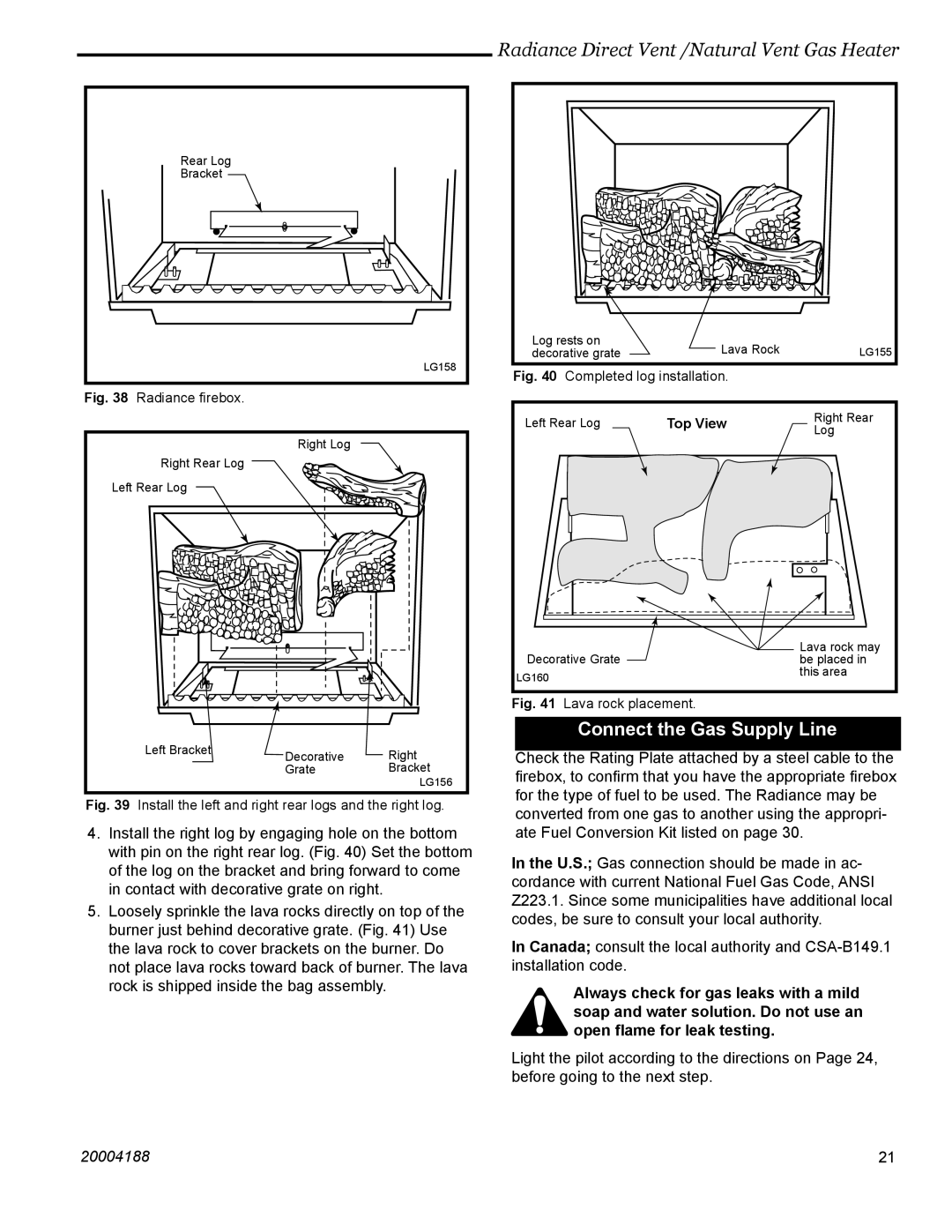 Vermont Casting RDVOD 3369, RDVOD 3399 Connect the Gas Supply Line, Install the left and right rear logs and the right log 