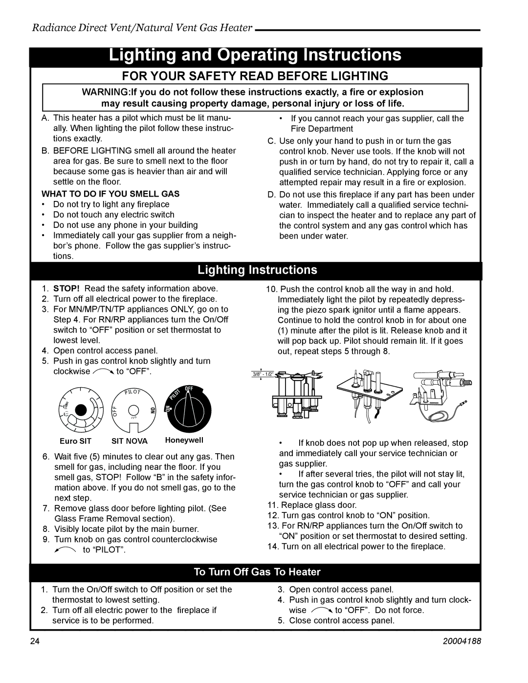 Vermont Casting RDVOD 3399, RDVOD 3354, RDVOD 3360 manual Lighting and Operating Instructions, To Turn Off Gas To Heater 