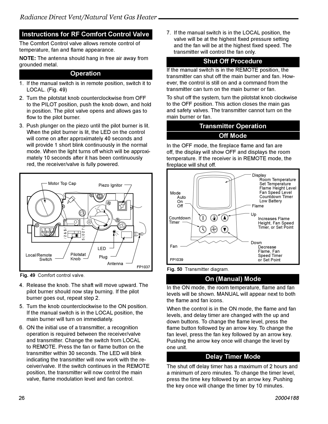 Vermont Casting RDVOD 3360 manual Instructions for RF Comfort Control Valve, Operation, Shut Off Procedure, On Manual Mode 