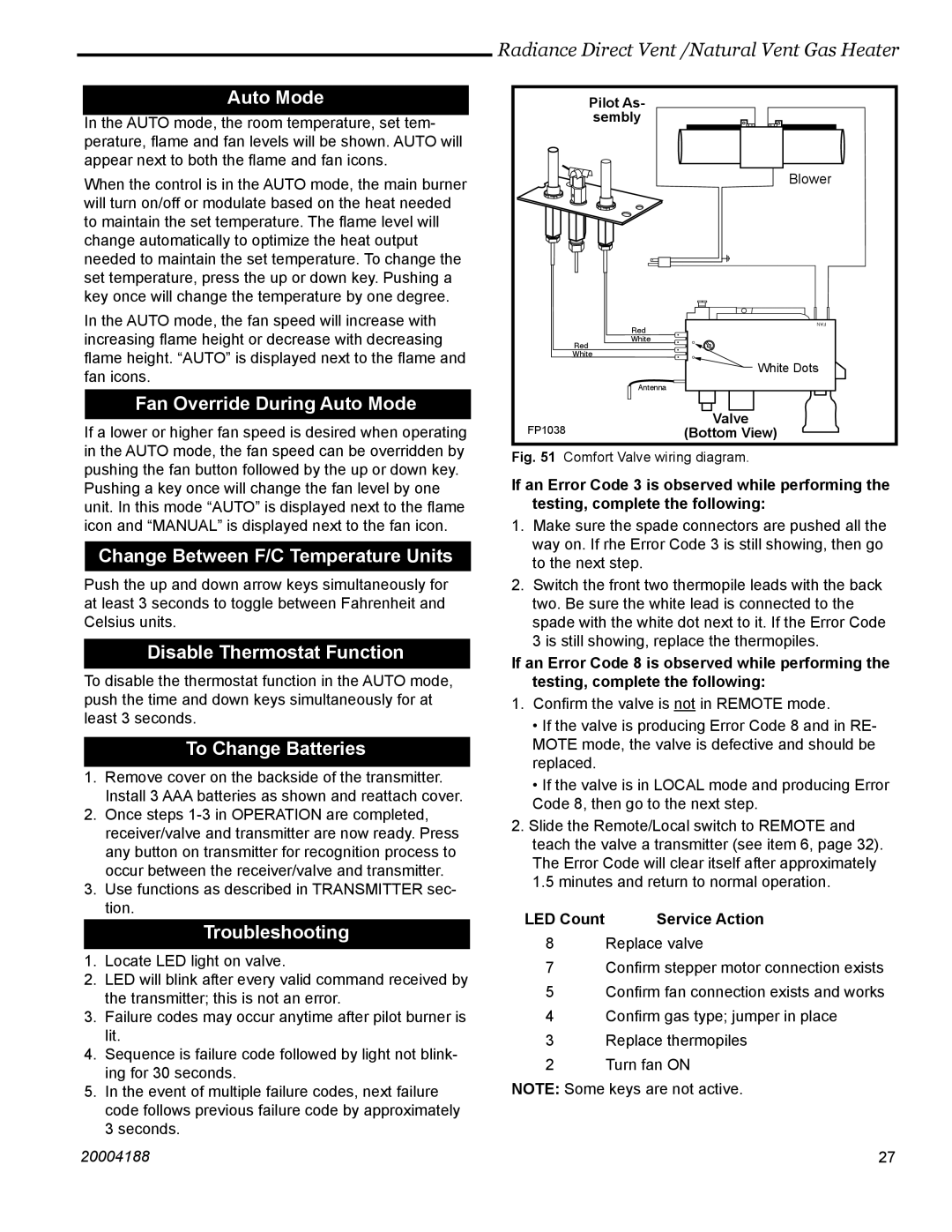 Vermont Casting RDVOD 3369 Fan Override During Auto Mode, Change Between F/C Temperature Units, To Change Batteries 