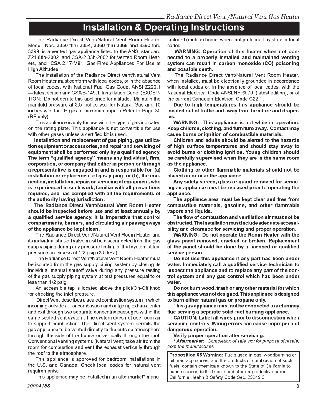 Vermont Casting RDVOD 3369, RDVOD 3399 manual Installation & Operating Instructions, Verify proper operation after servicing 