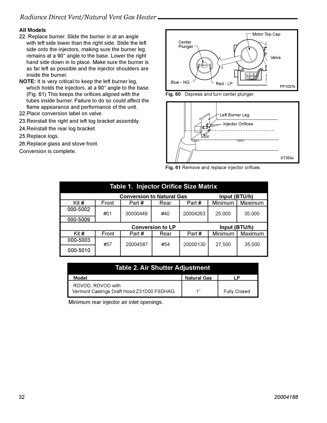 Vermont Casting RDVOD 3360 Injector Oriﬁce Size Matrix, Air Shutter Adjustment, All Models, Conversion to LP Input BTU/h 