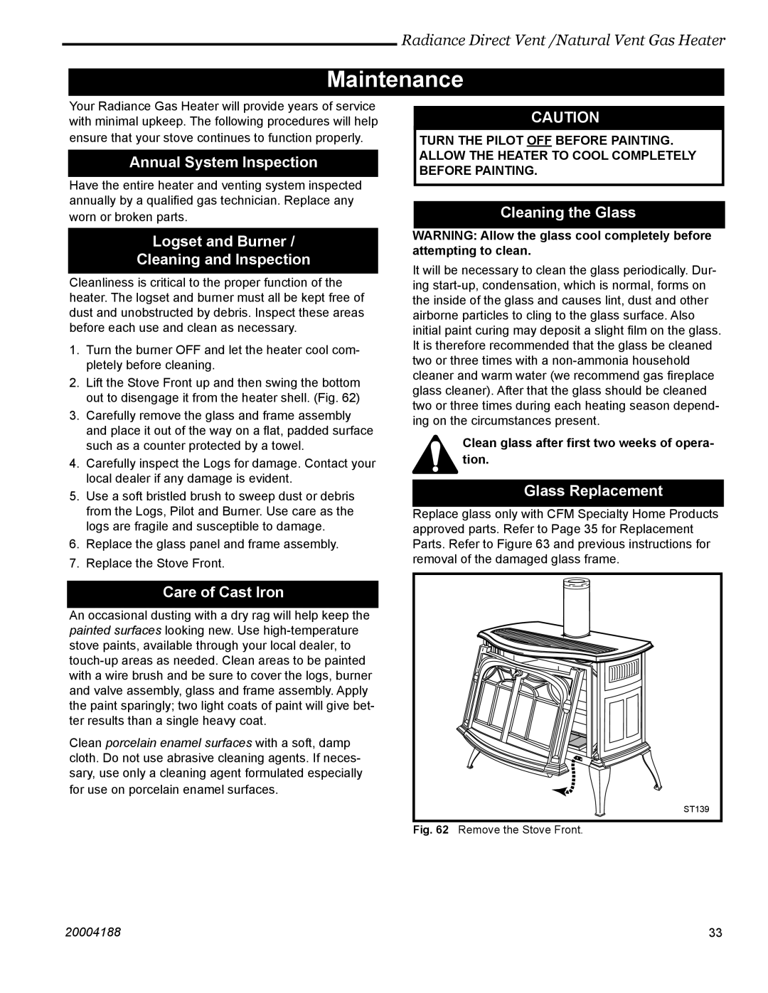 Vermont Casting RDVOD 3369, RDVOD 3399, RDVOD 3354, RDVOD 3360, RDVOD 3350, RDVOD 3390 manual Maintenance 