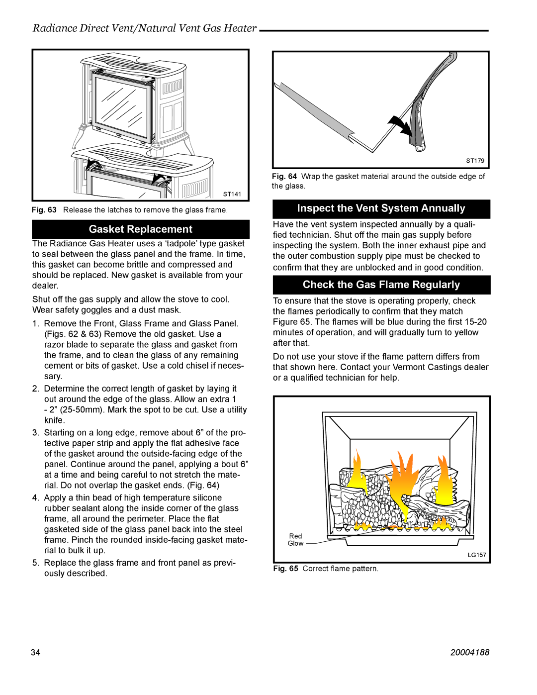 Vermont Casting RDVOD 3350, RDVOD 3399 Gasket Replacement, Inspect the Vent System Annually, Check the Gas Flame Regularly 