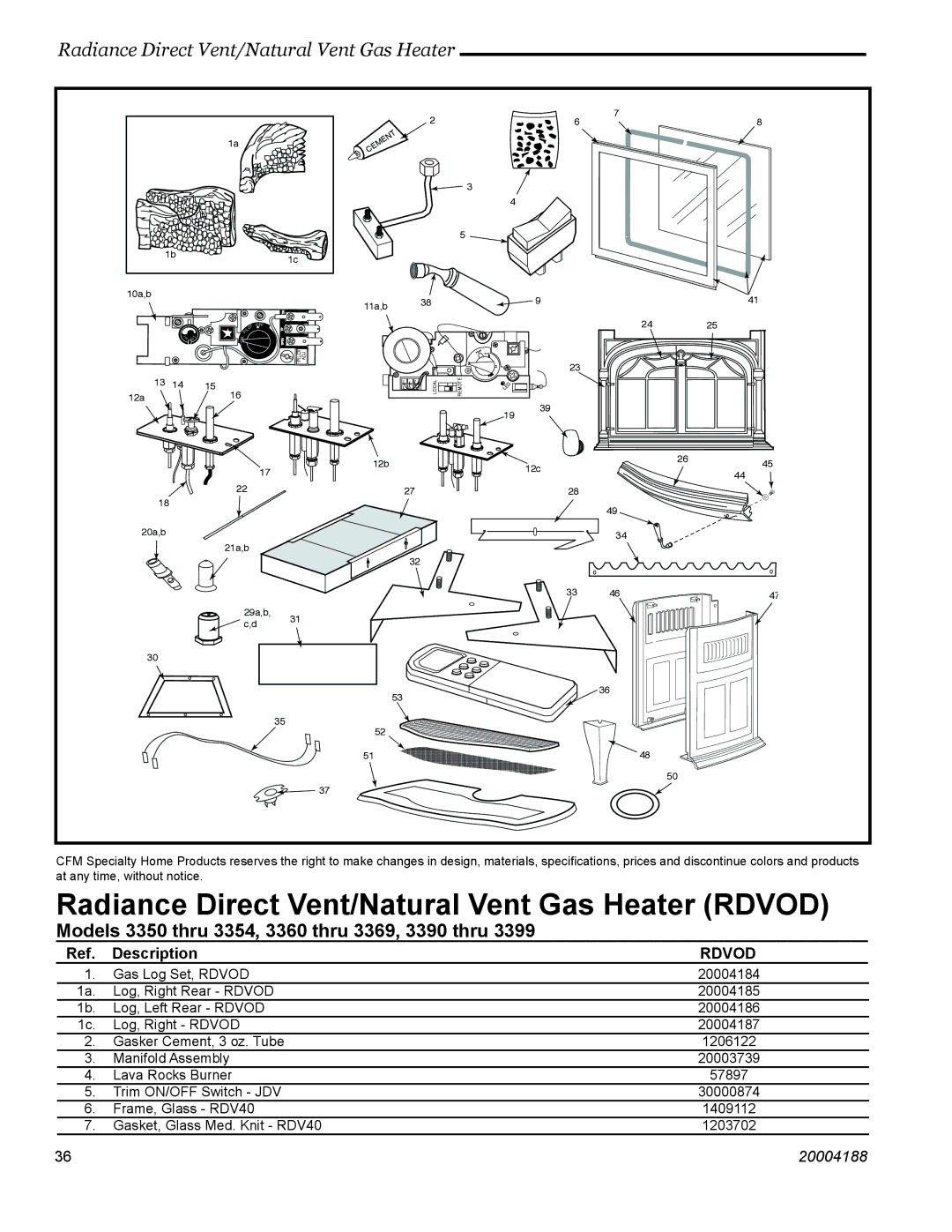 Vermont Casting RDVOD 3399, RDVOD 3354, RDVOD 3360 manual Radiance Direct Vent/Natural Vent Gas Heater Rdvod, Description 