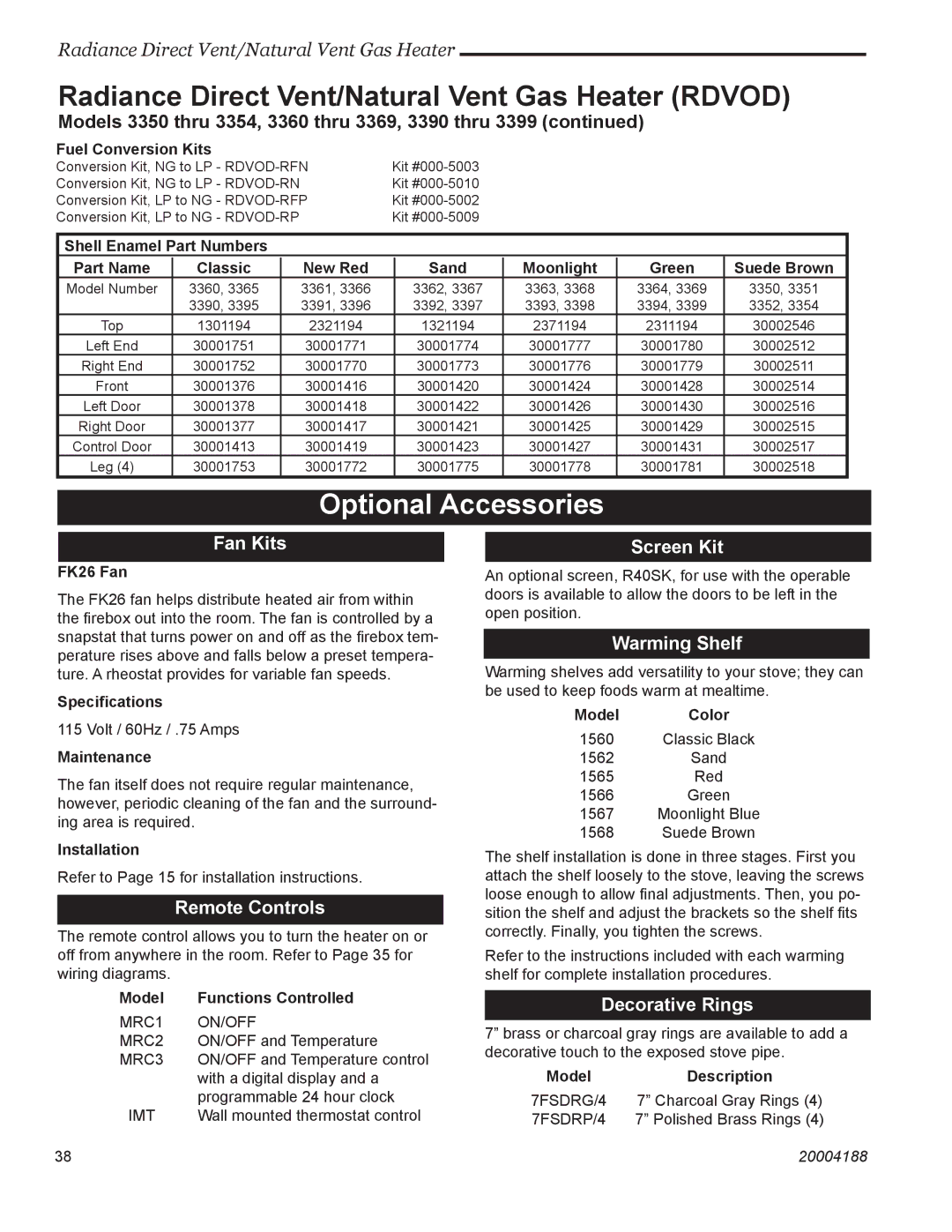 Vermont Casting RDVOD 3360, RDVOD 3399, RDVOD 3354, RDVOD 3369, RDVOD 3350, RDVOD 3390 manual Optional Accessories 