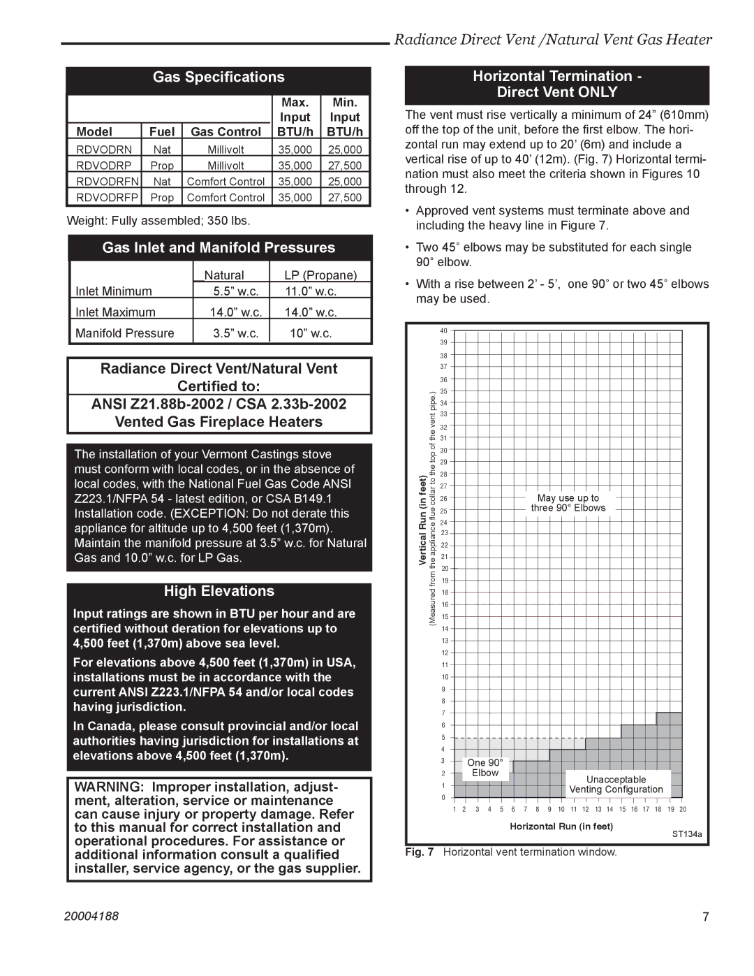 Vermont Casting RDVOD 3354, RDVOD 3399, RDVOD 3360 Gas Speciﬁcations, Gas Inlet and Manifold Pressures, High Elevations 