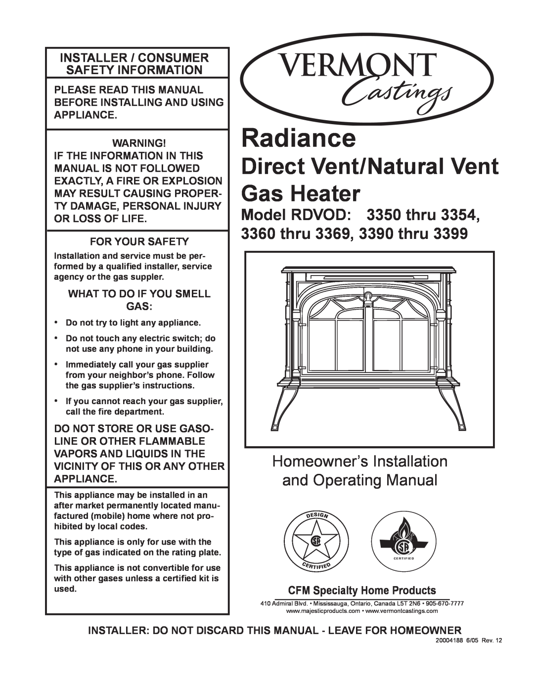 Vermont Casting RDVOD 3354 manual Model RDVOD 3350 thru, thru 3369, 3390 thru, Radiance, CFM Specialty Home Products 