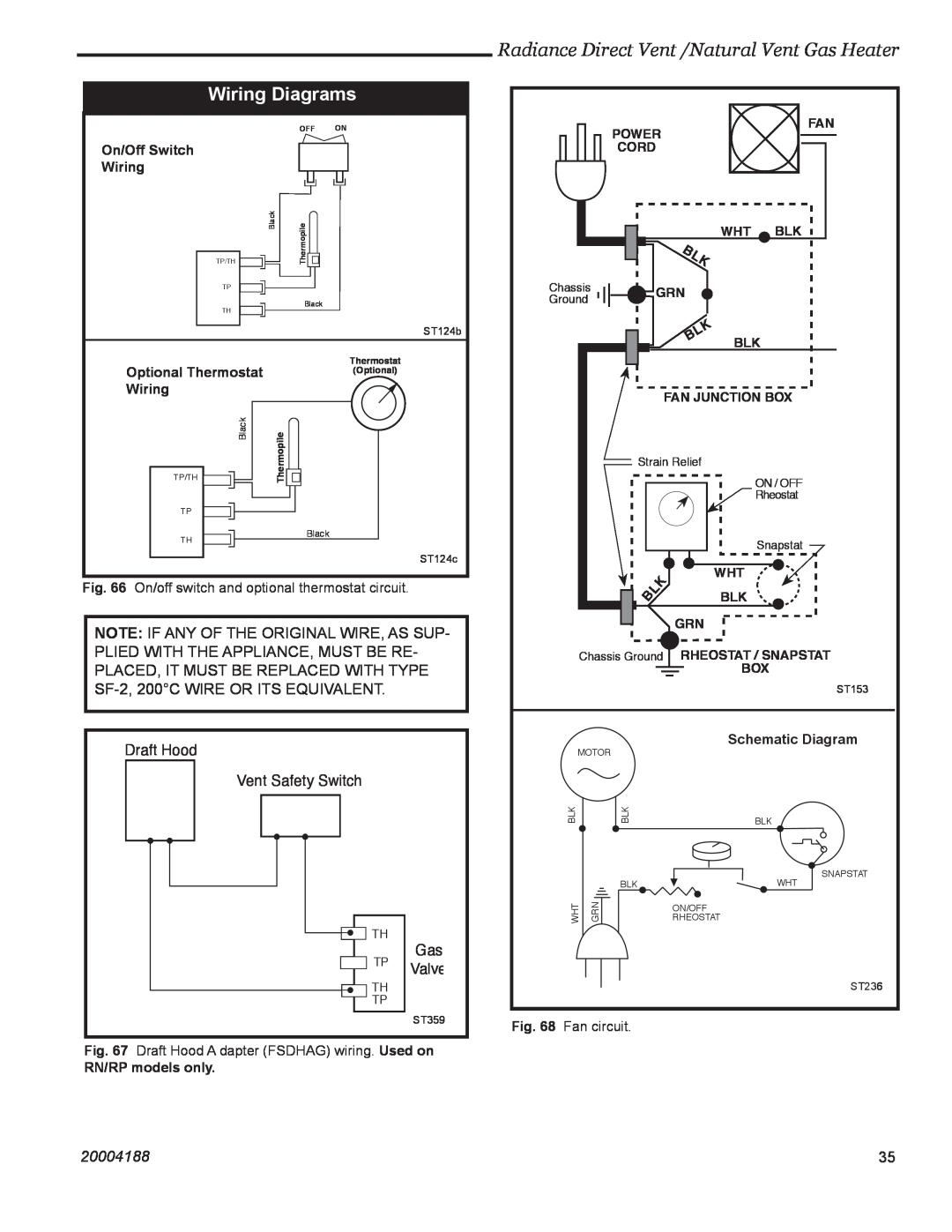 Vermont Casting RDVOD 3390 Wiring Diagrams, Radiance Direct Vent /Natural Vent Gas Heater, Draft Hood Vent Safety Switch 