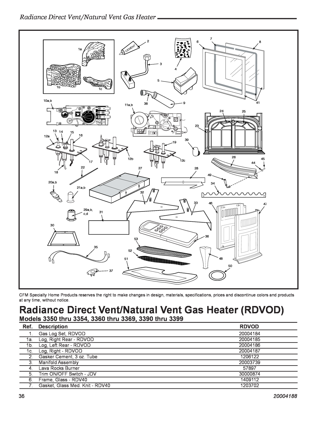 Vermont Casting RDVOD 3399 Models 3350 thru 3354, 3360 thru 3369, 3390 thru, Radiance Direct Vent/Natural Vent Gas Heater 