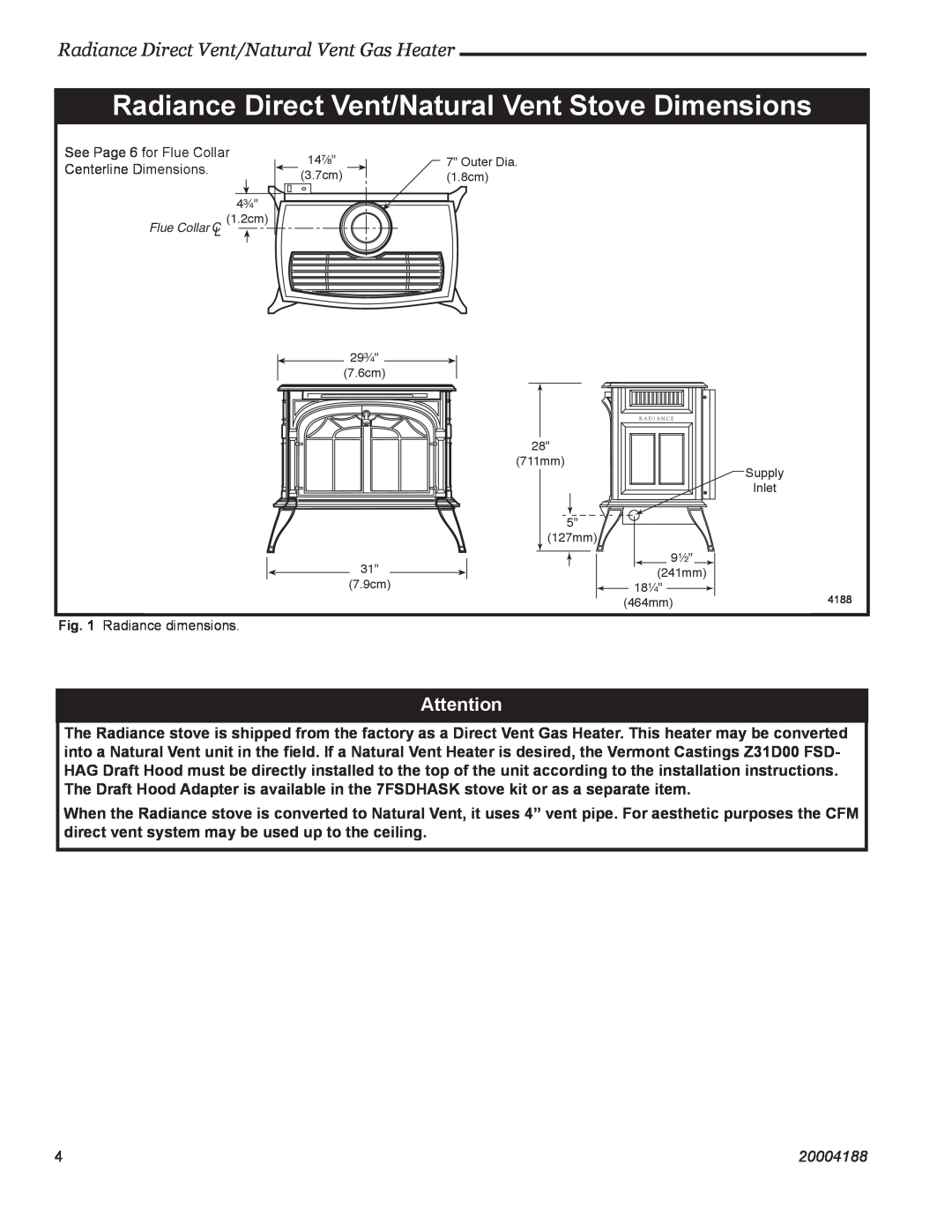 Vermont Casting RDVOD 3350 Radiance Direct Vent/Natural Vent Gas Heater, 20004188, See Page 6 for Flue Collar, Outer Dia 