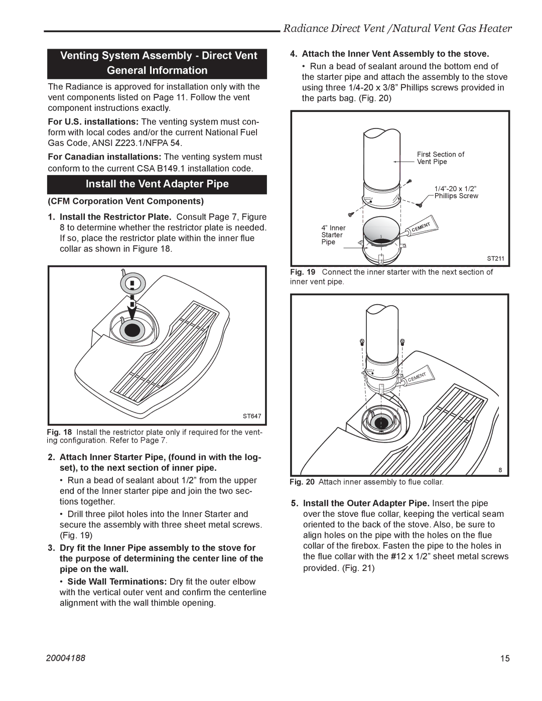 Vermont Casting RDVOD manual Venting System Assembly Direct Vent General Information, Install the Vent Adapter Pipe 