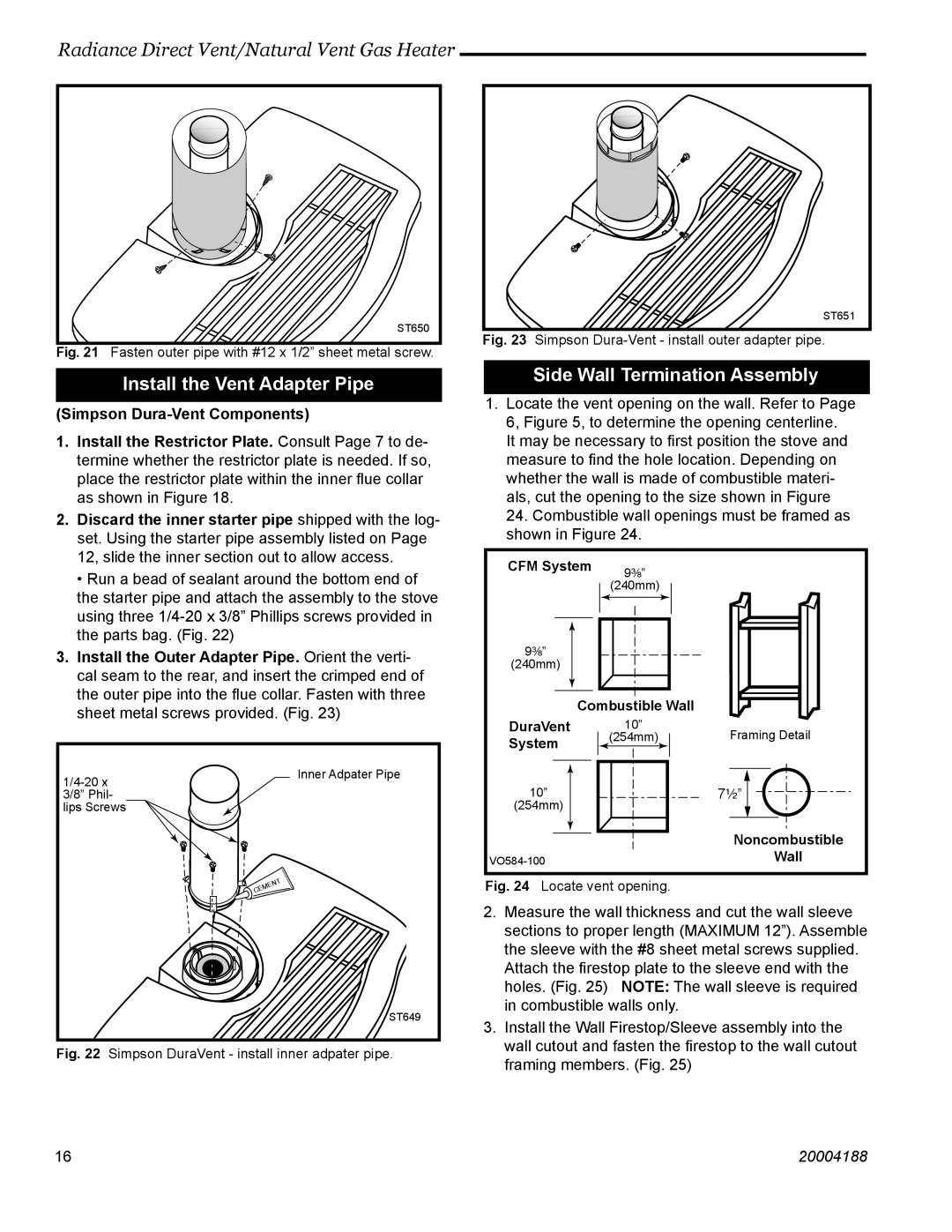 Vermont Casting RDVOD manual Side Wall Termination Assembly, Discard the inner starter pipe shipped with the log 