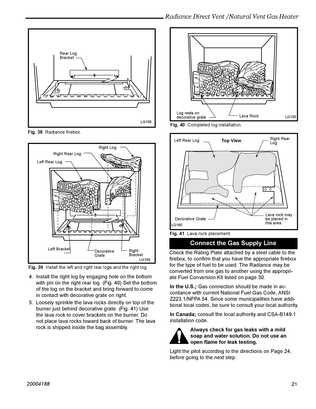 Vermont Casting RDVOD manual Connect the Gas Supply Line, Install the left and right rear logs and the right log 